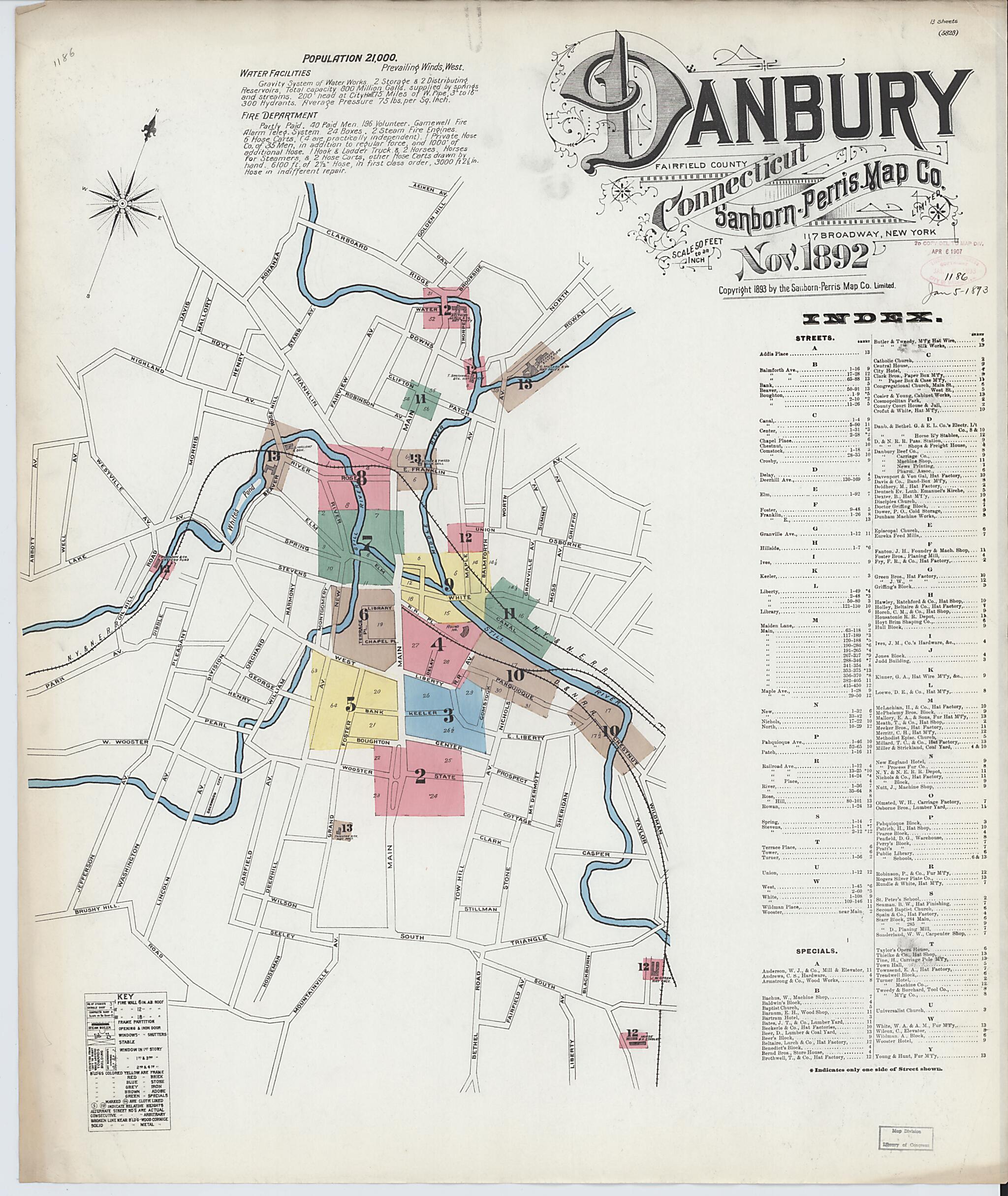 This old map of Danbury, Fairfield County, Connecticut was created by Sanborn Map Company in 1892