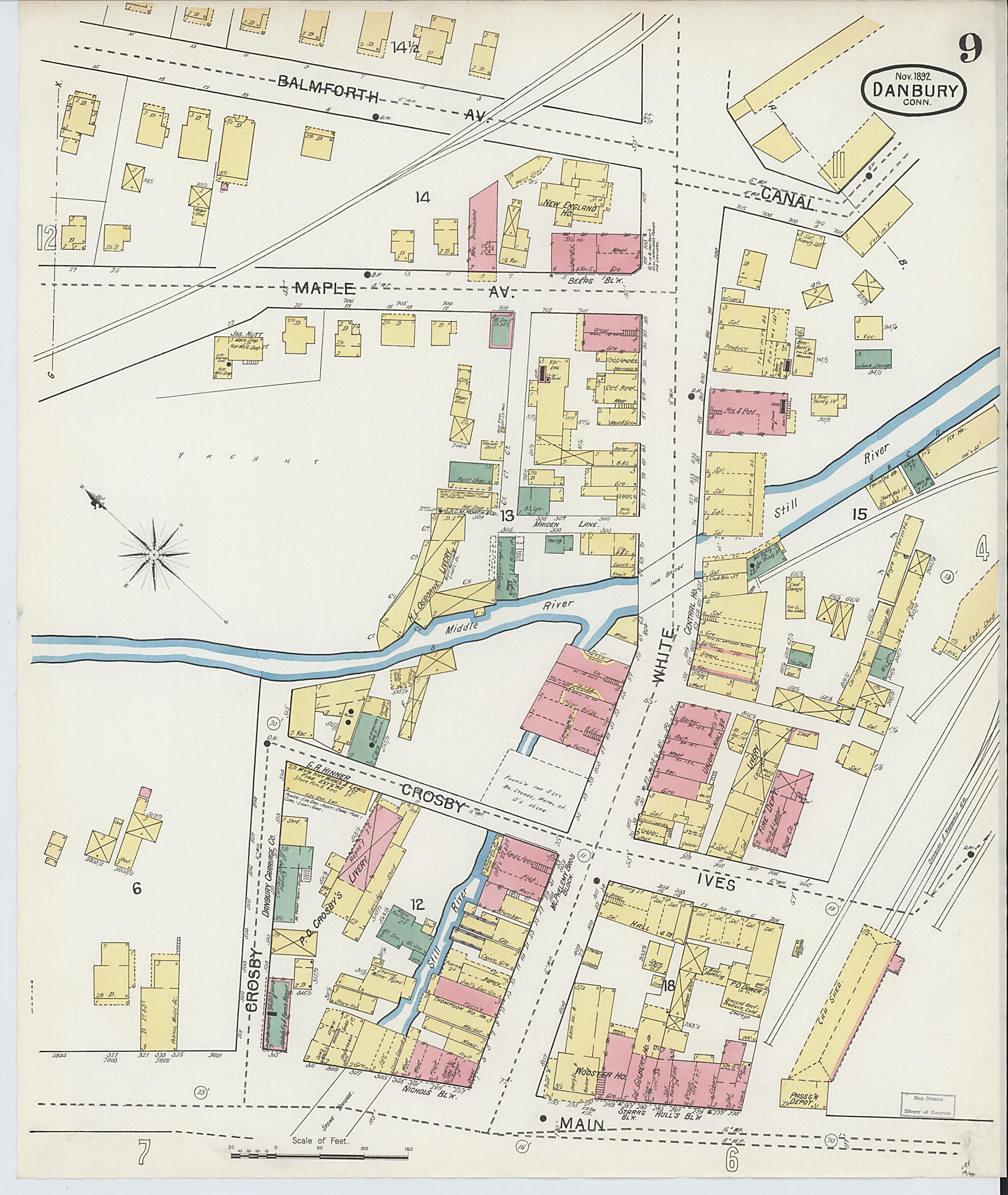 This old map of Danbury, Fairfield County, Connecticut was created by Sanborn Map Company in 1892