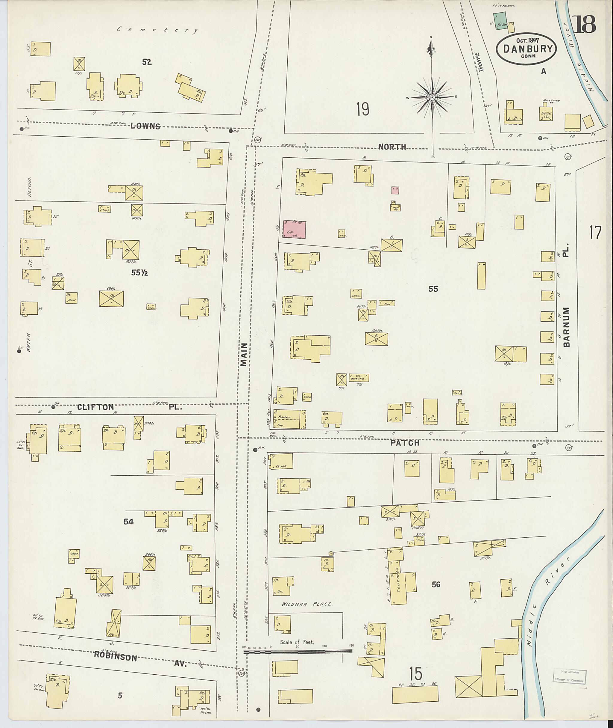 This old map of Danbury, Fairfield County, Connecticut was created by Sanborn Map Company in 1897