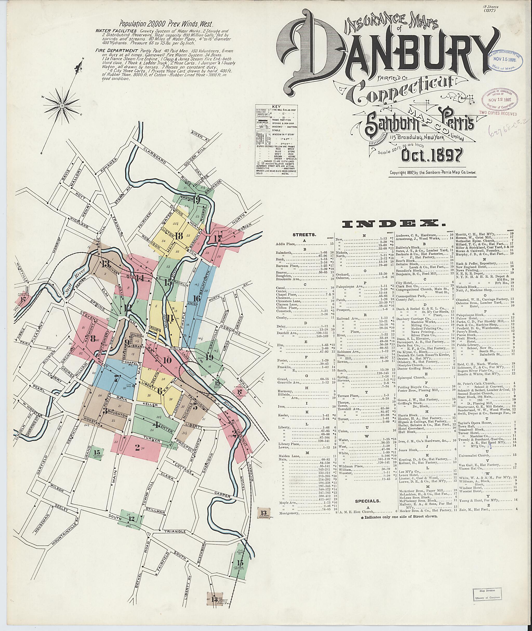 This old map of Danbury, Fairfield County, Connecticut was created by Sanborn Map Company in 1897