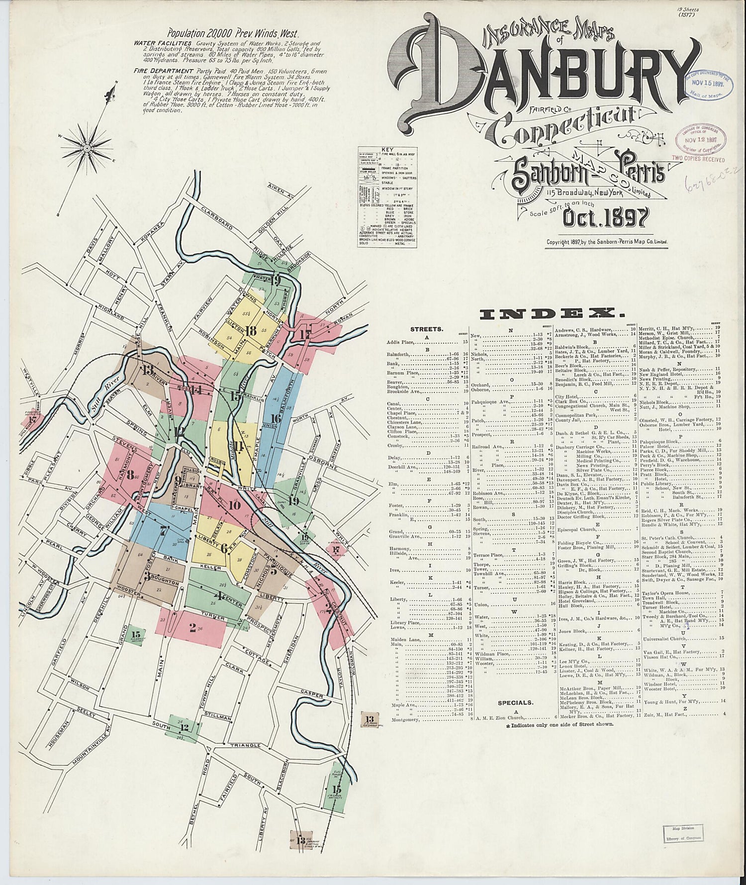 This old map of Danbury, Fairfield County, Connecticut was created by Sanborn Map Company in 1897