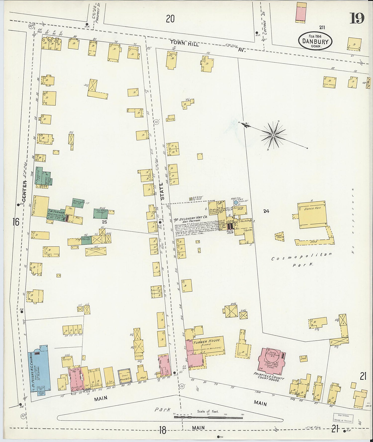 This old map of Danbury, Fairfield County, Connecticut was created by Sanborn Map Company in 1904
