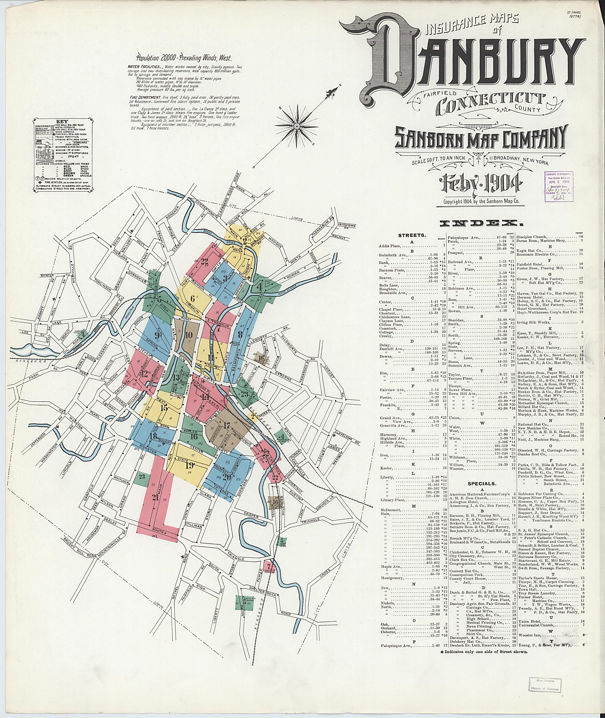 This old map of Danbury, Fairfield County, Connecticut was created by Sanborn Map Company in 1904