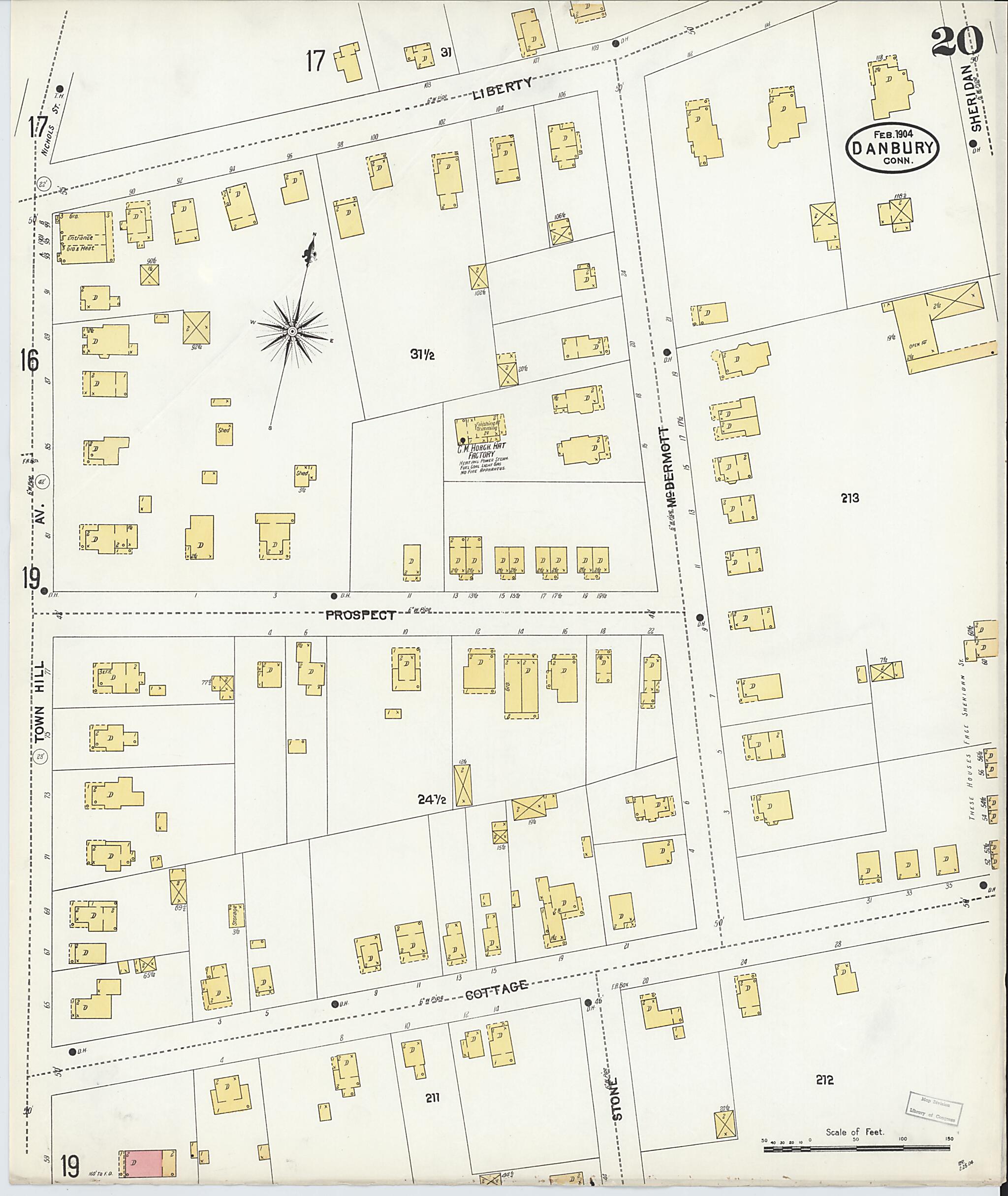 This old map of Danbury, Fairfield County, Connecticut was created by Sanborn Map Company in 1904