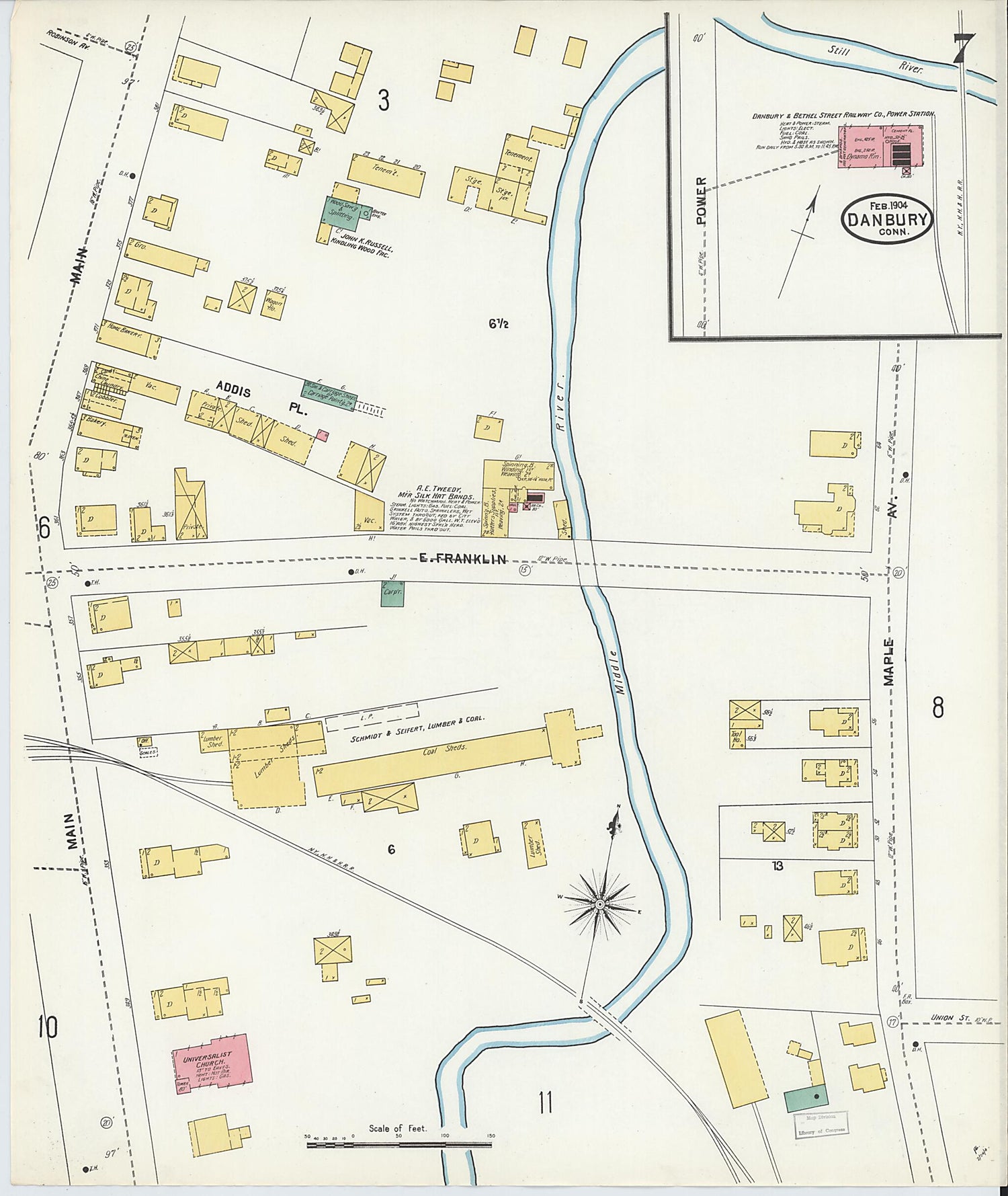 This old map of Danbury, Fairfield County, Connecticut was created by Sanborn Map Company in 1904