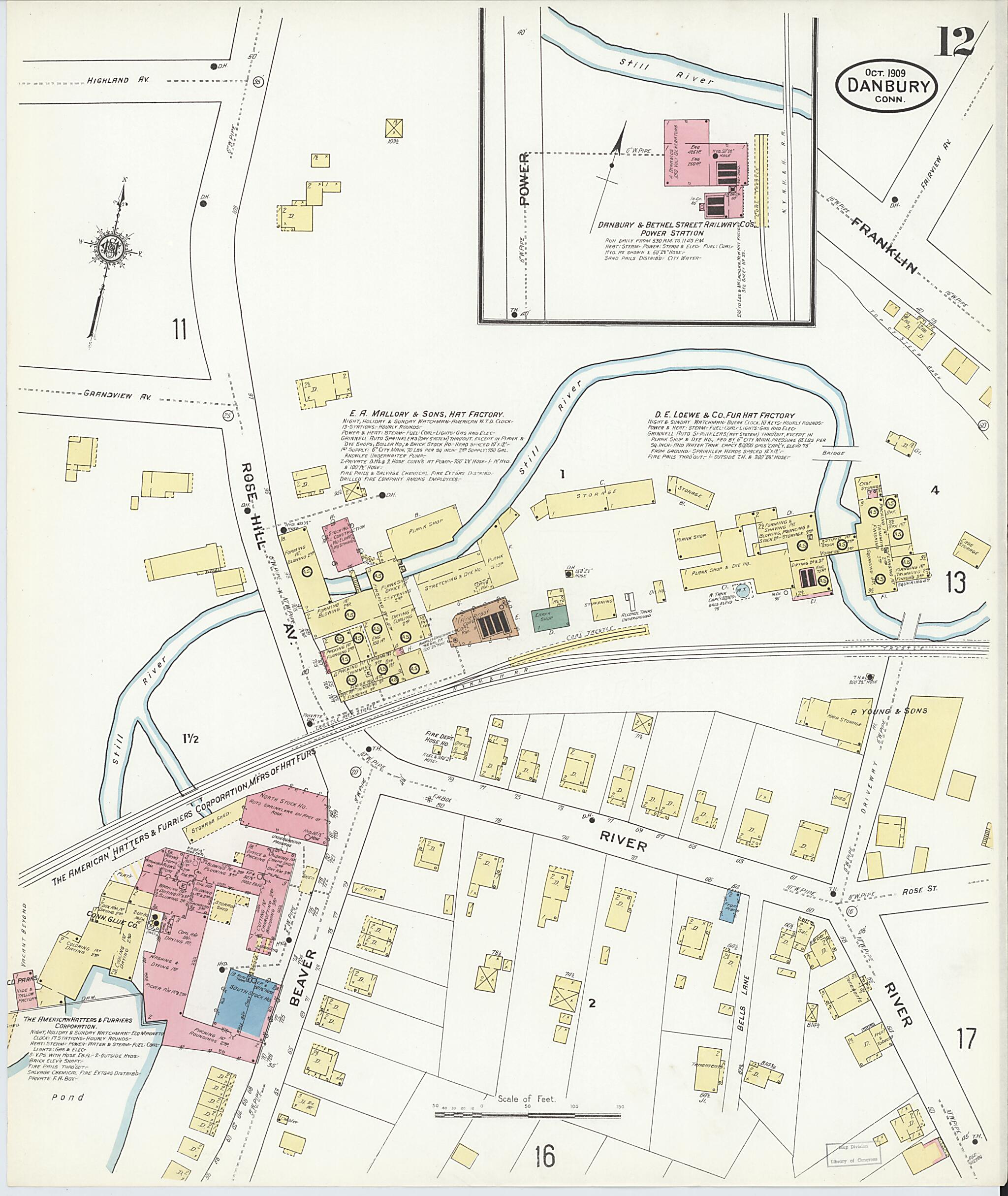 This old map of Danbury, Fairfield County, Connecticut was created by Sanborn Map Company in 1909