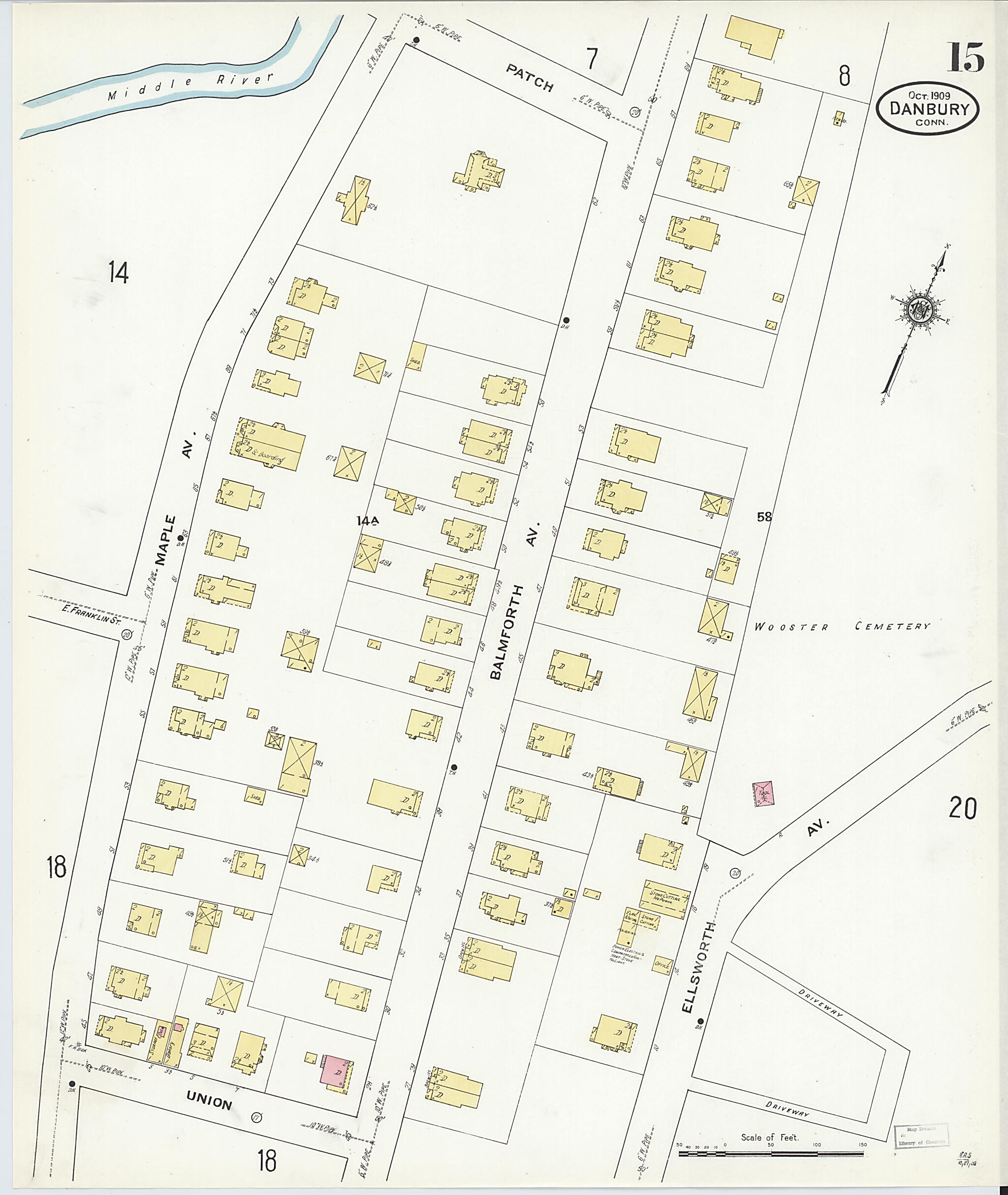 This old map of Danbury, Fairfield County, Connecticut was created by Sanborn Map Company in 1909