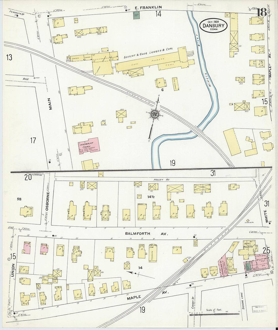This old map of Danbury, Fairfield County, Connecticut was created by Sanborn Map Company in 1909