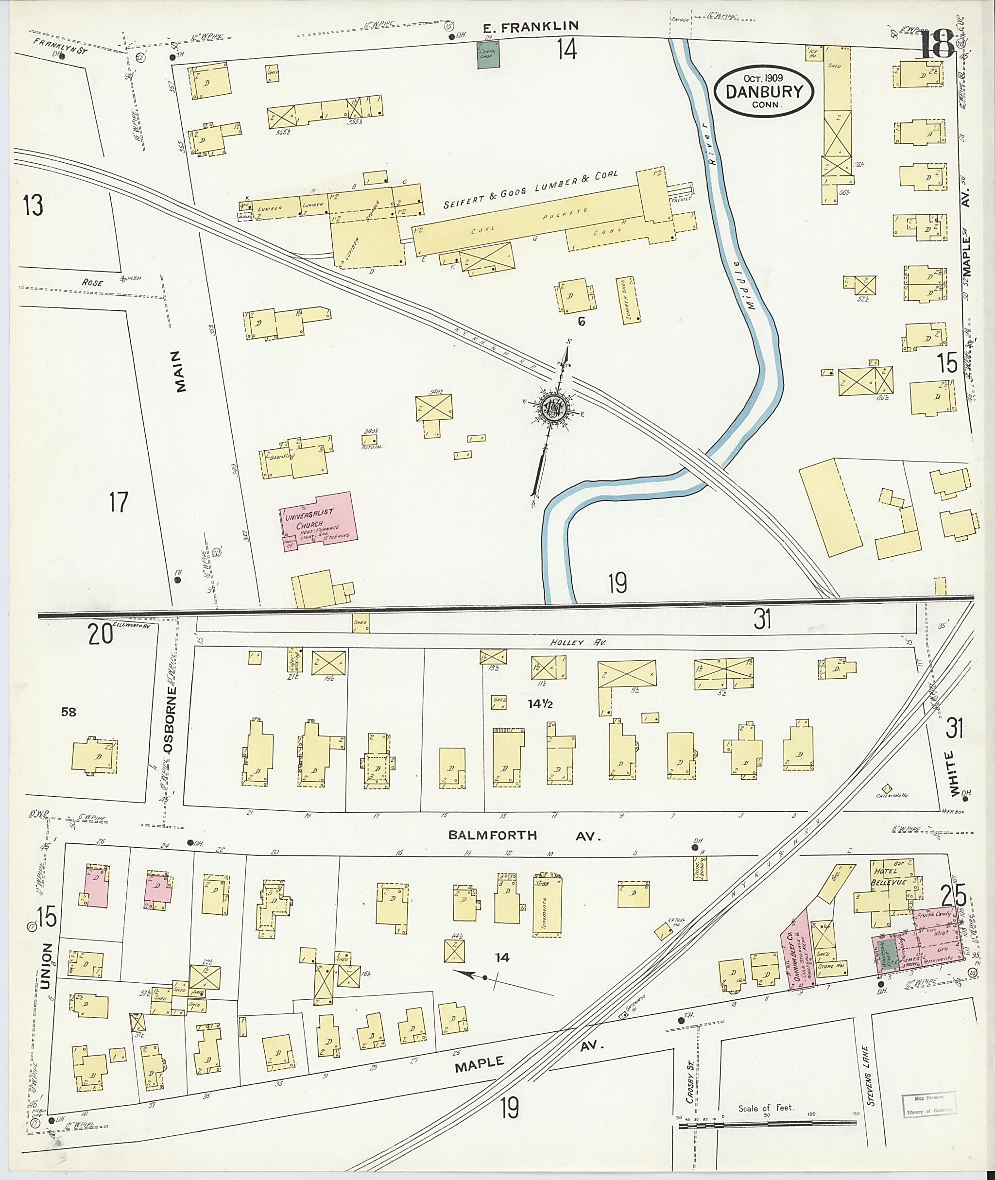 This old map of Danbury, Fairfield County, Connecticut was created by Sanborn Map Company in 1909