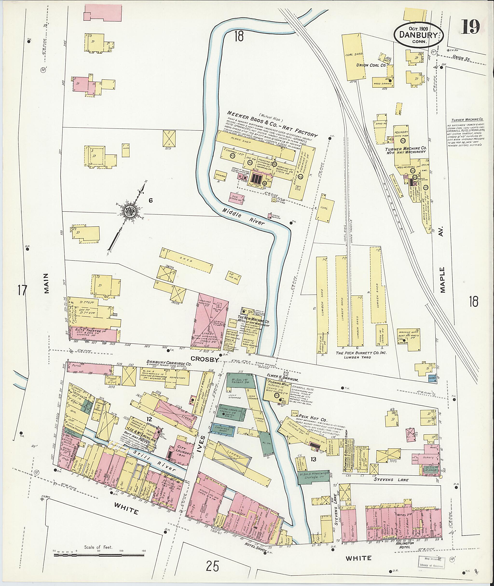 This old map of Danbury, Fairfield County, Connecticut was created by Sanborn Map Company in 1909