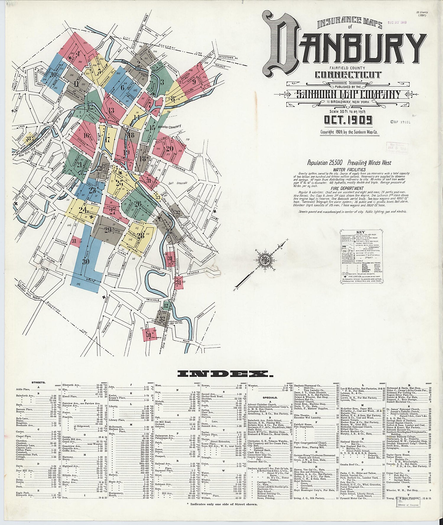 This old map of Danbury, Fairfield County, Connecticut was created by Sanborn Map Company in 1909
