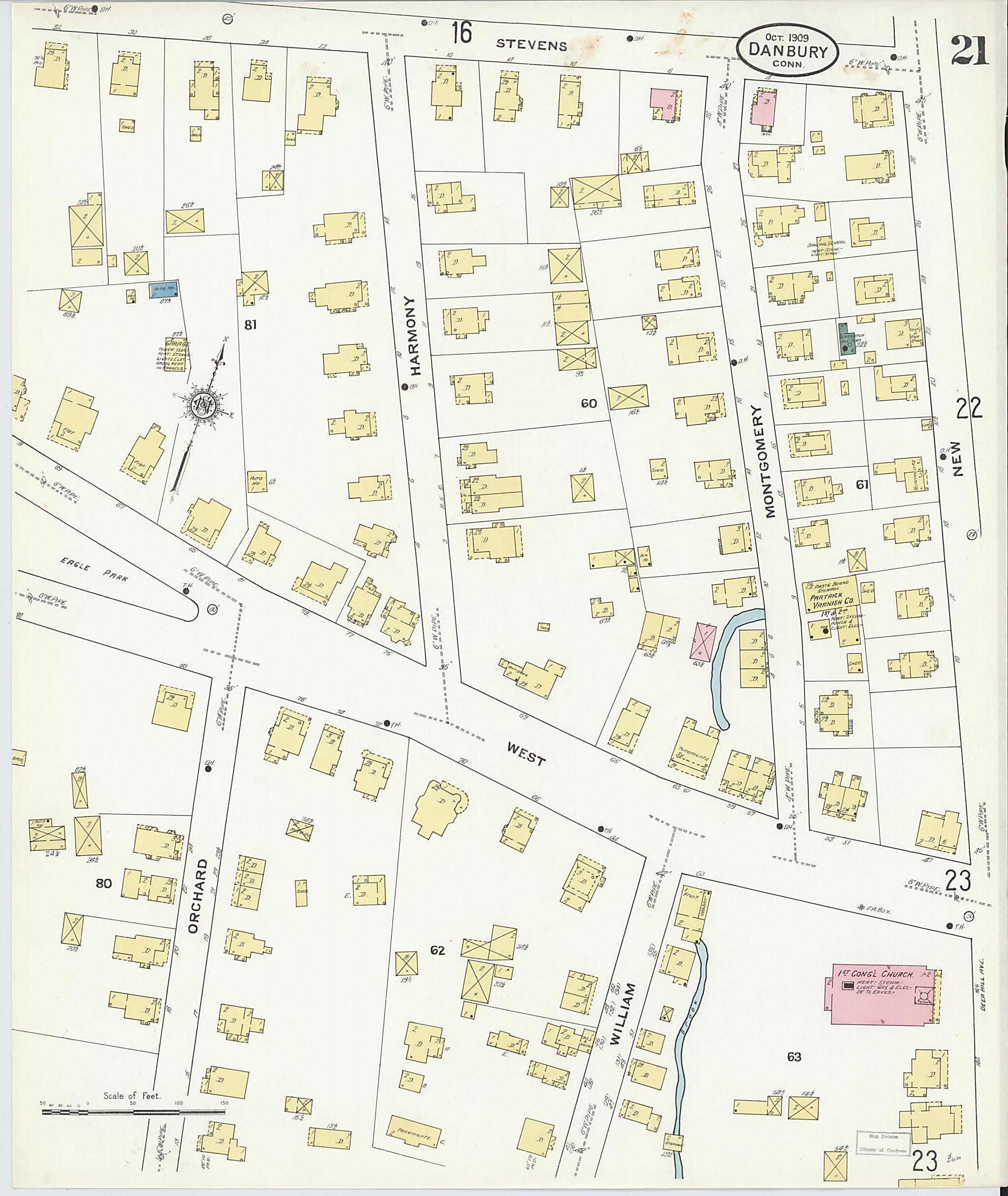 This old map of Danbury, Fairfield County, Connecticut was created by Sanborn Map Company in 1909