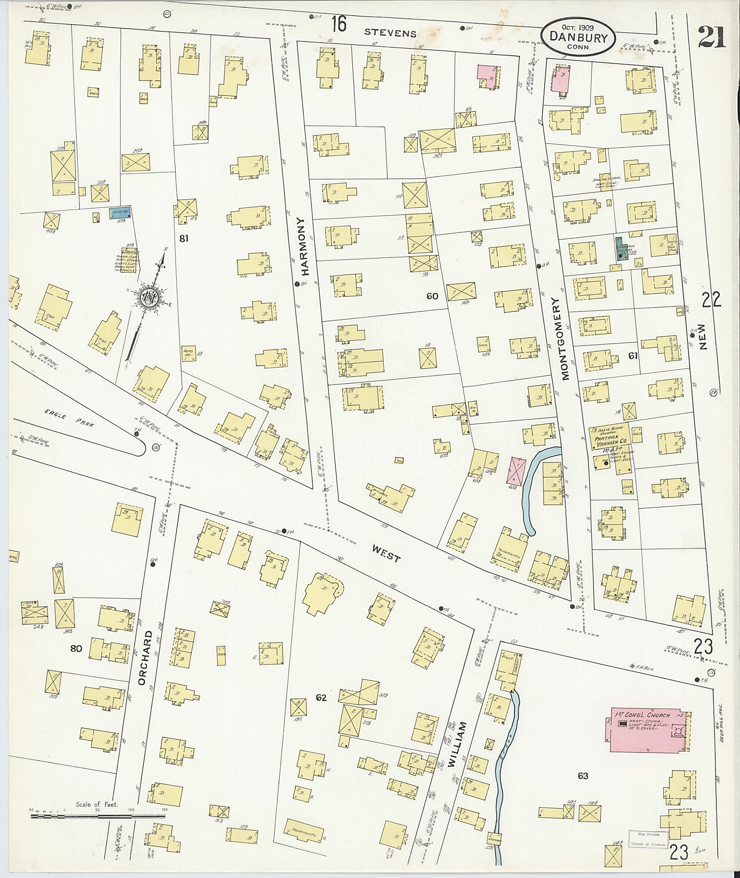 This old map of Danbury, Fairfield County, Connecticut was created by Sanborn Map Company in 1909