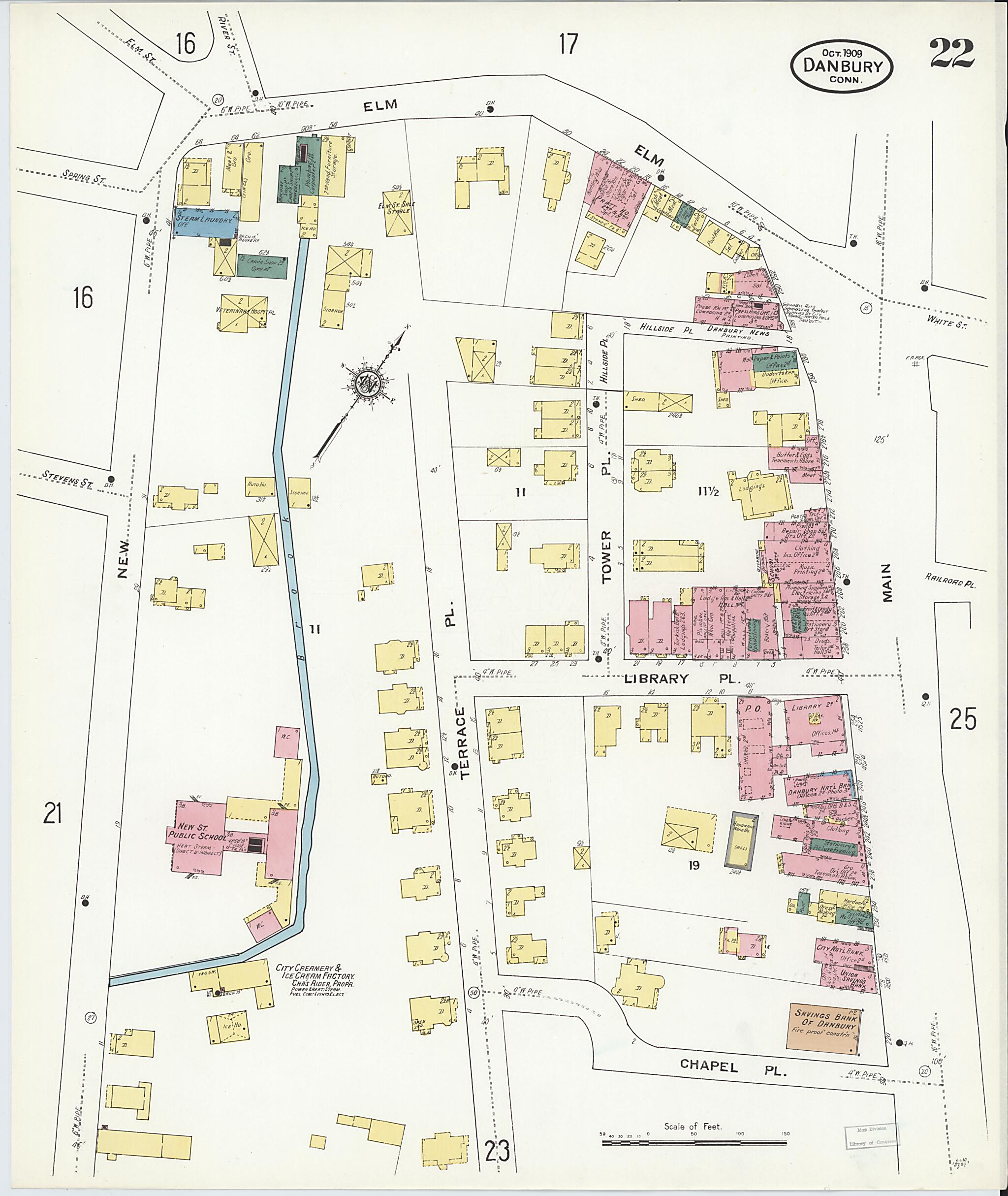 This old map of Danbury, Fairfield County, Connecticut was created by Sanborn Map Company in 1909
