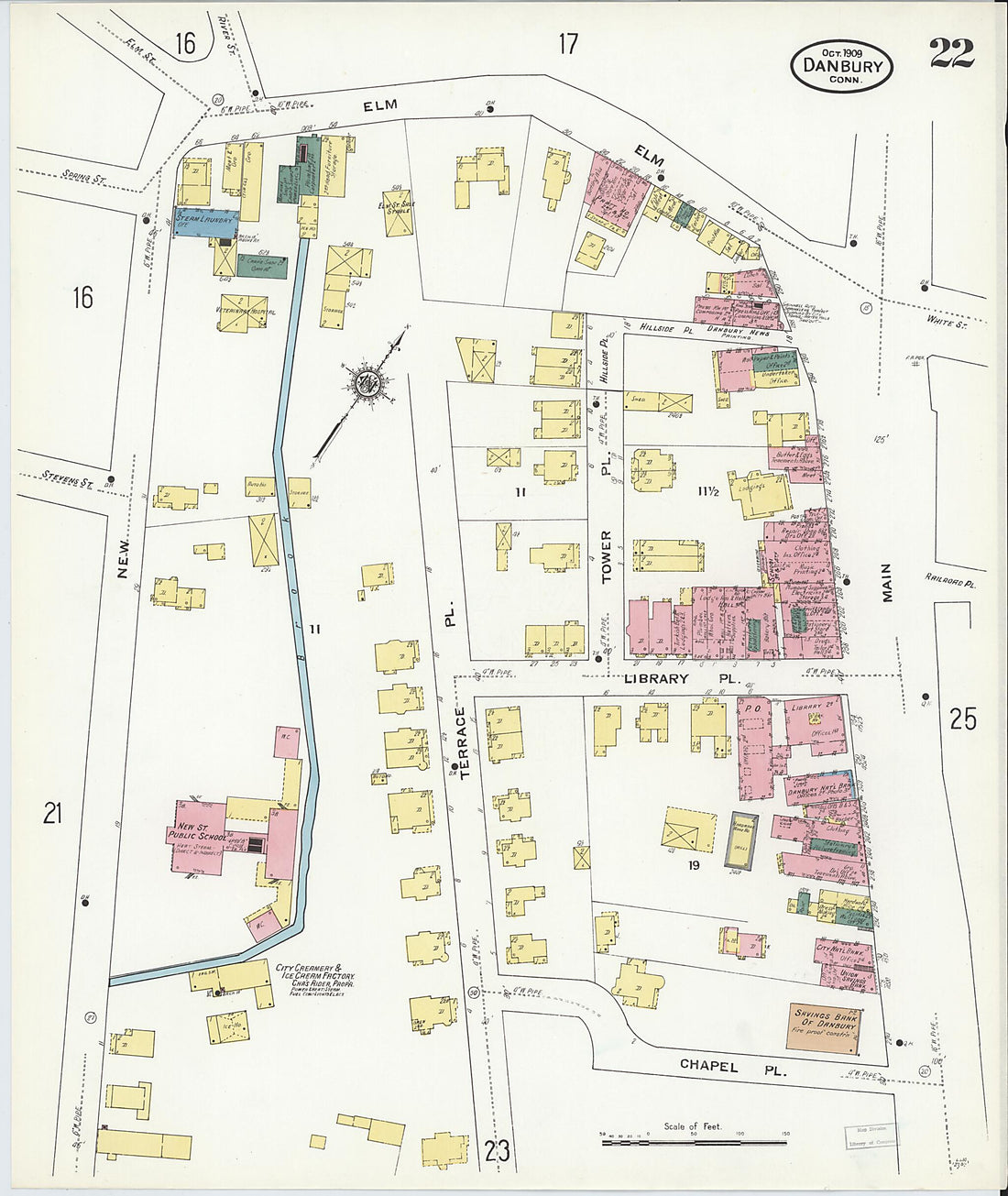 This old map of Danbury, Fairfield County, Connecticut was created by Sanborn Map Company in 1909