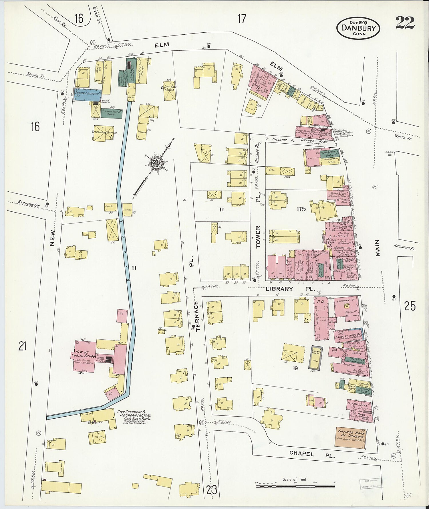This old map of Danbury, Fairfield County, Connecticut was created by Sanborn Map Company in 1909
