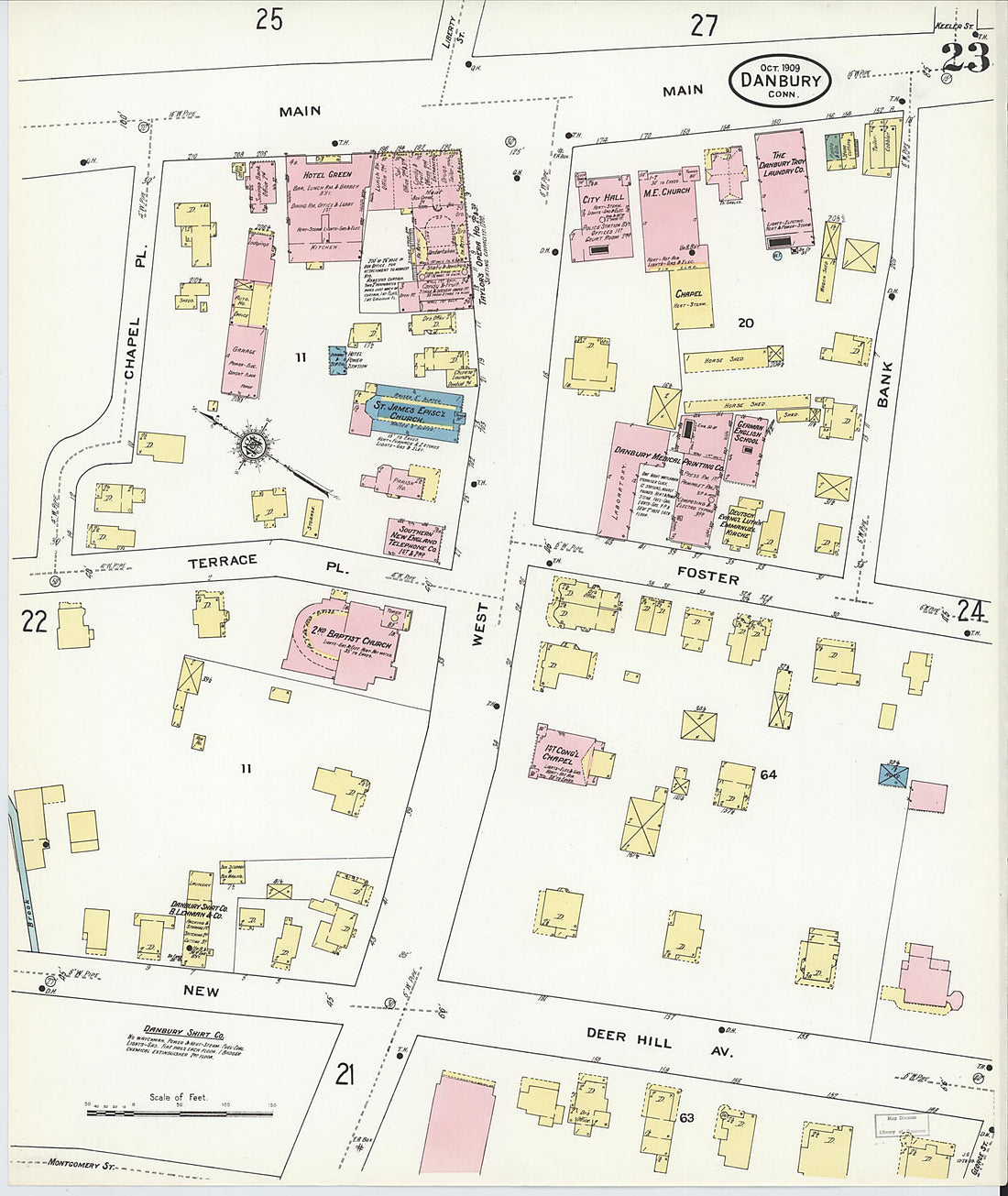 This old map of Danbury, Fairfield County, Connecticut was created by Sanborn Map Company in 1909