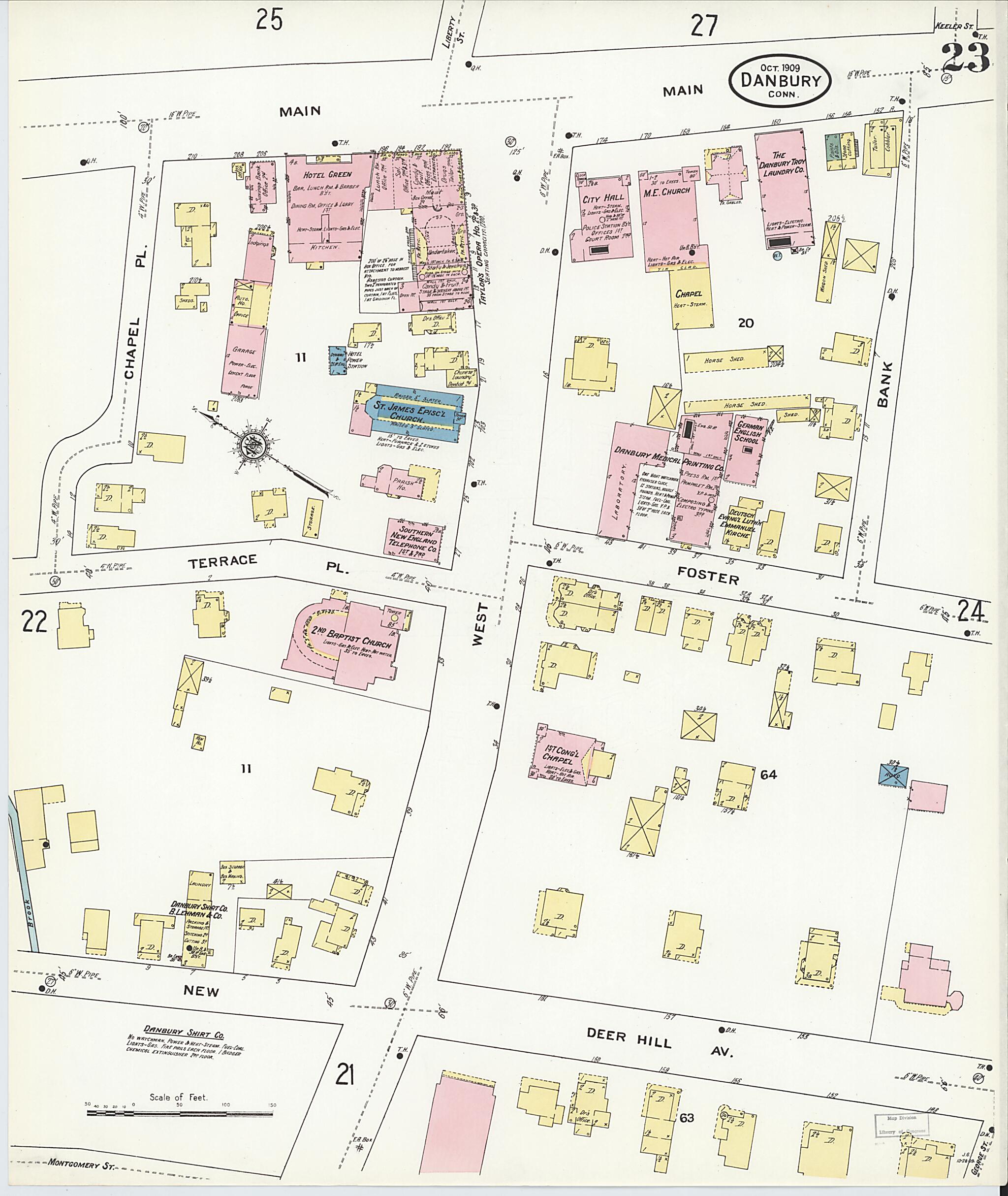 This old map of Danbury, Fairfield County, Connecticut was created by Sanborn Map Company in 1909