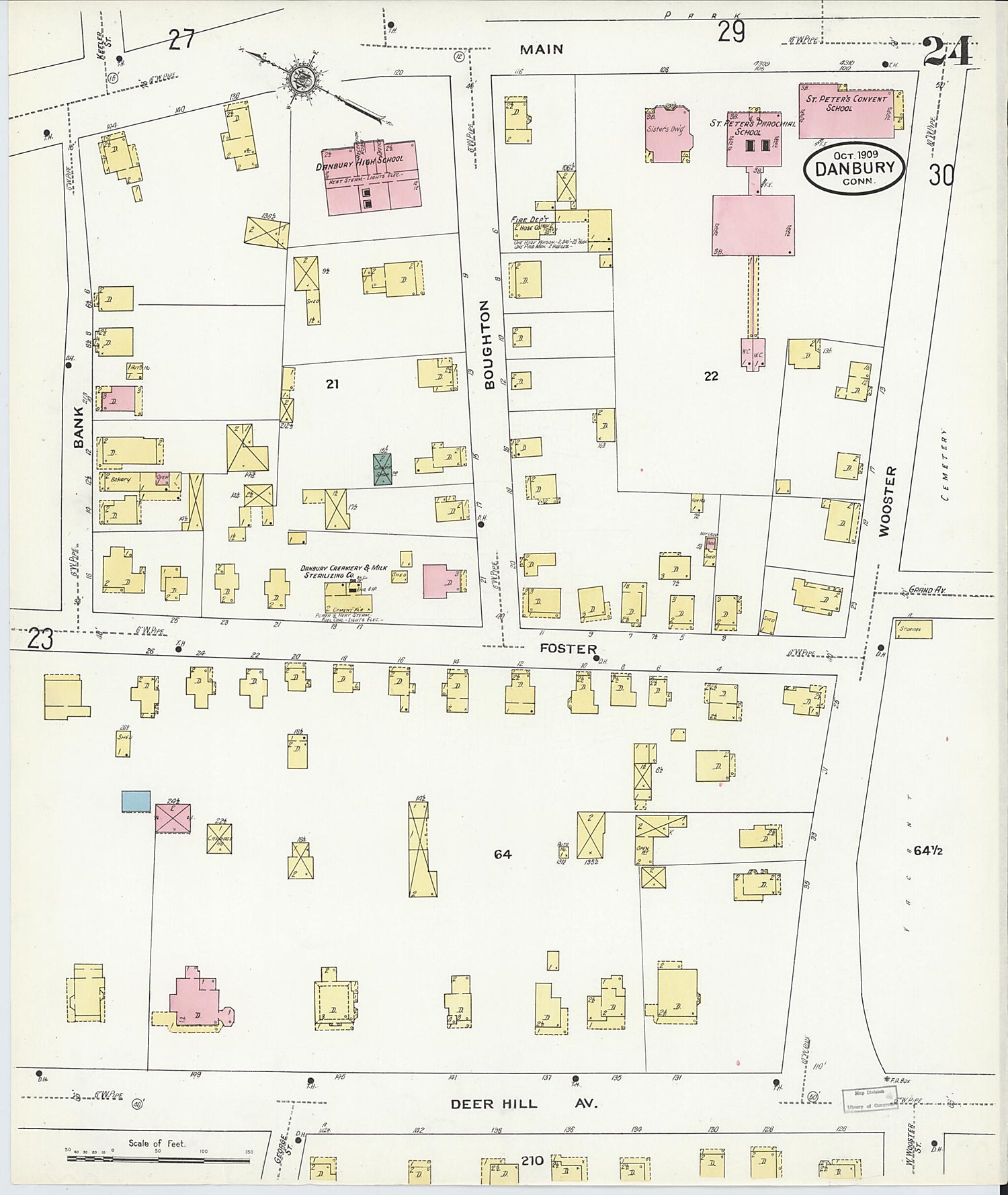 This old map of Danbury, Fairfield County, Connecticut was created by Sanborn Map Company in 1909