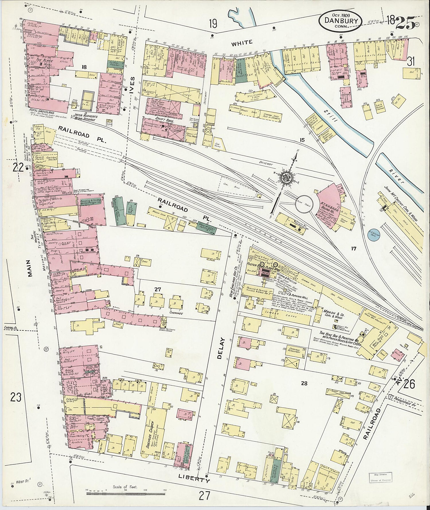 This old map of Danbury, Fairfield County, Connecticut was created by Sanborn Map Company in 1909