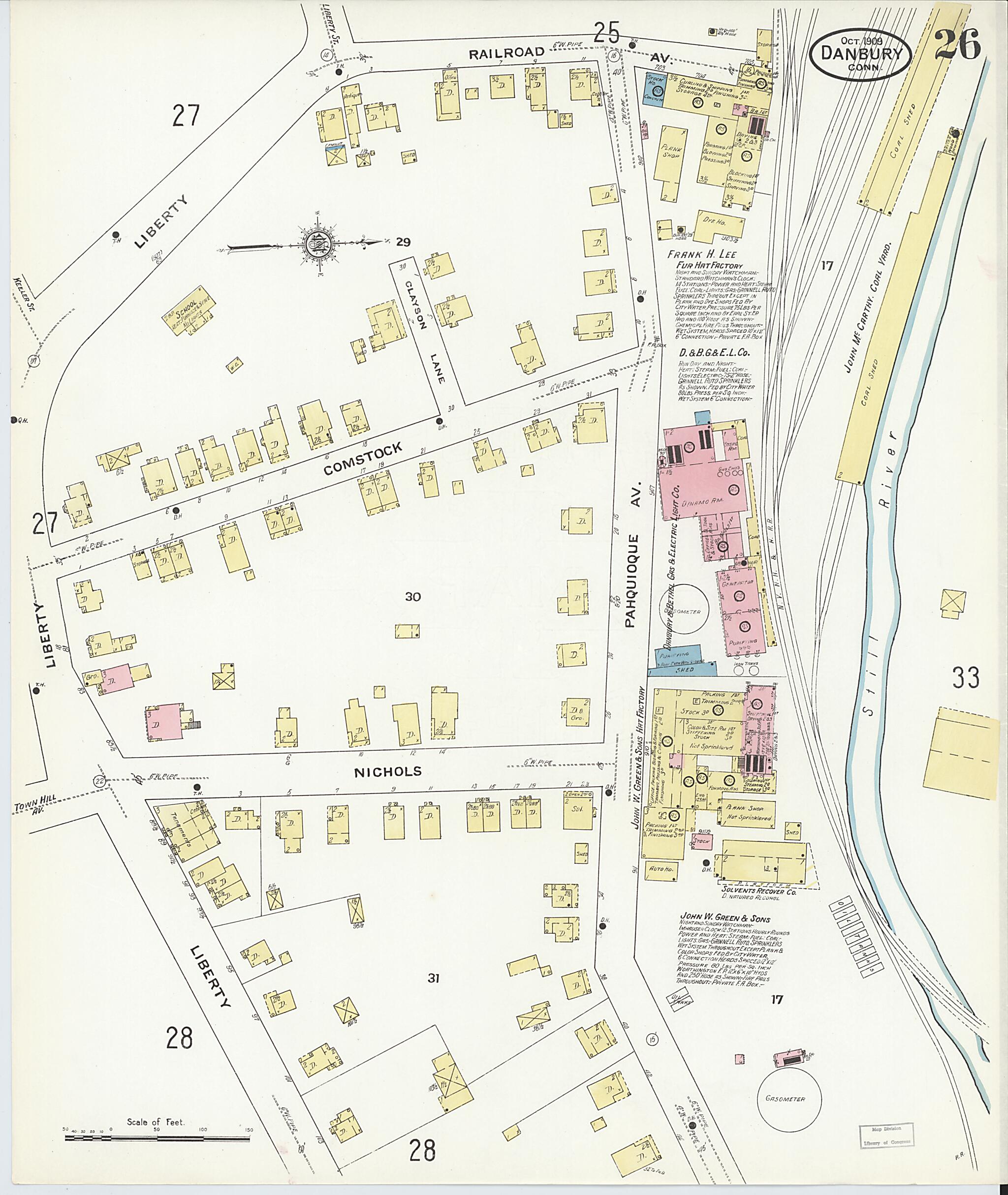 This old map of Danbury, Fairfield County, Connecticut was created by Sanborn Map Company in 1909