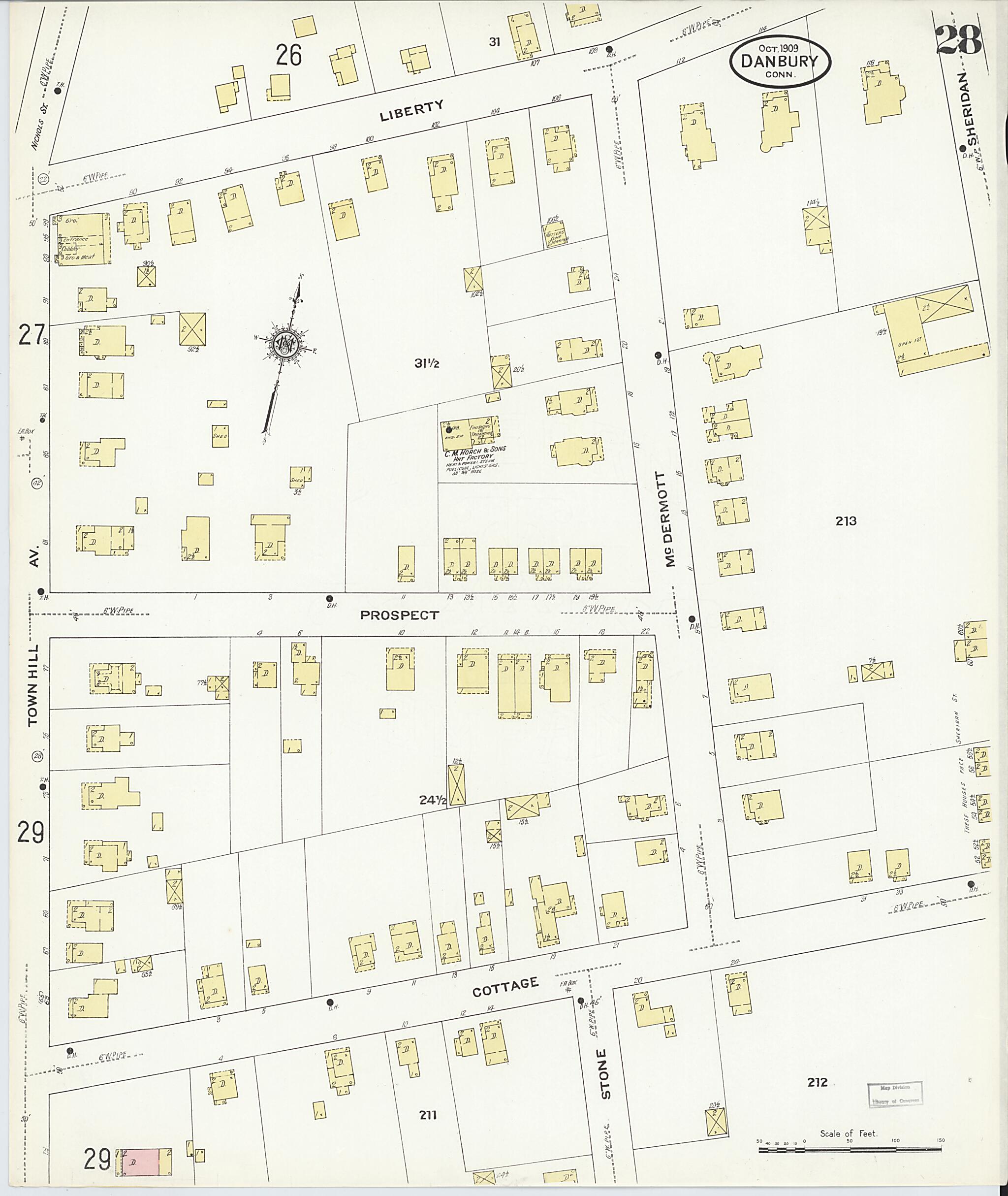 This old map of Danbury, Fairfield County, Connecticut was created by Sanborn Map Company in 1909