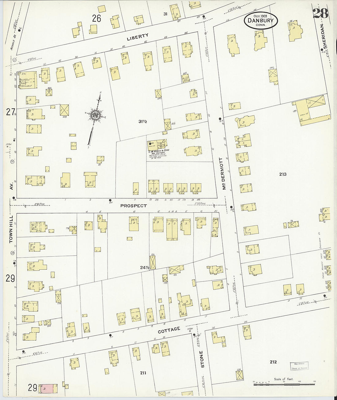 This old map of Danbury, Fairfield County, Connecticut was created by Sanborn Map Company in 1909