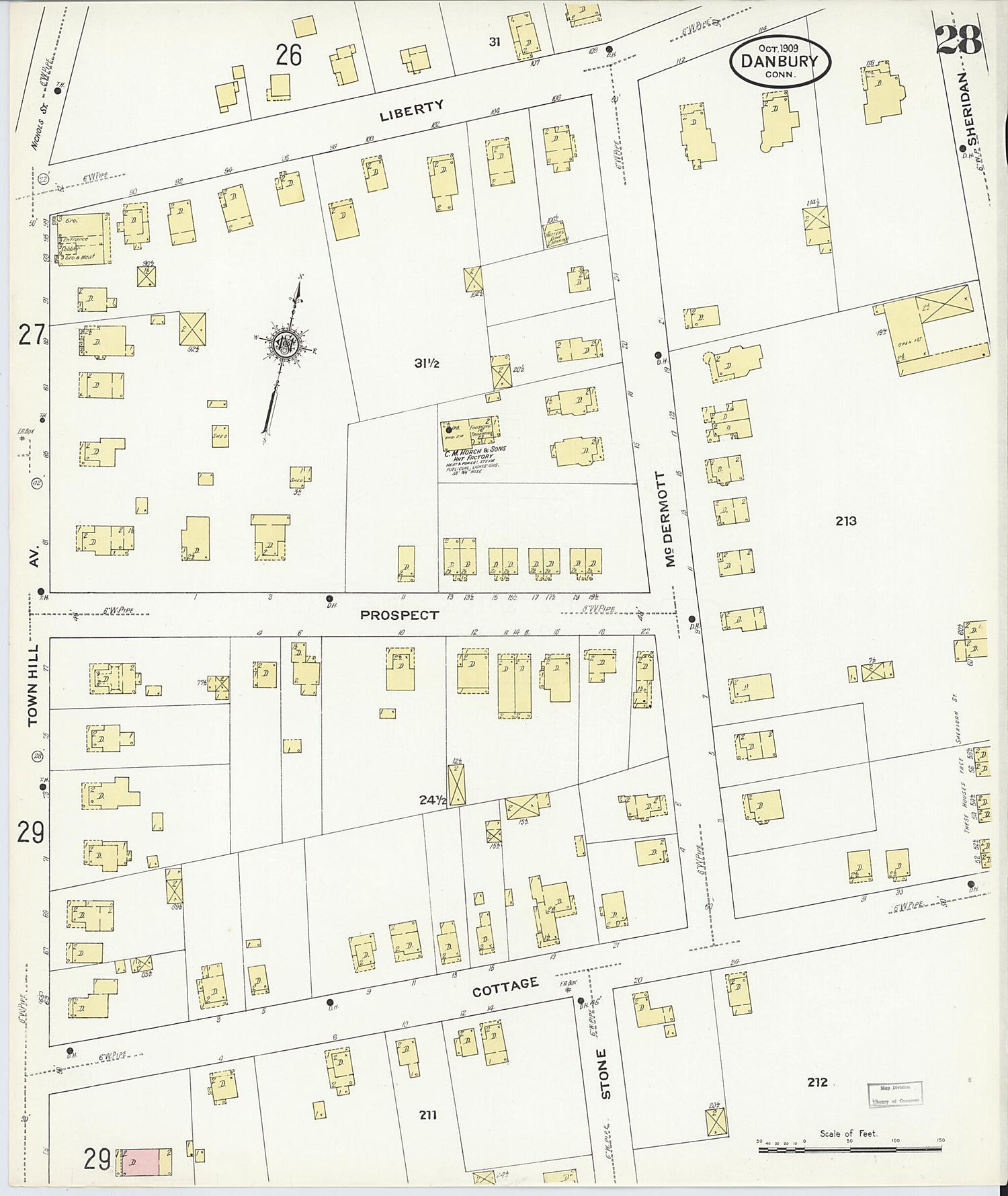 This old map of Danbury, Fairfield County, Connecticut was created by Sanborn Map Company in 1909