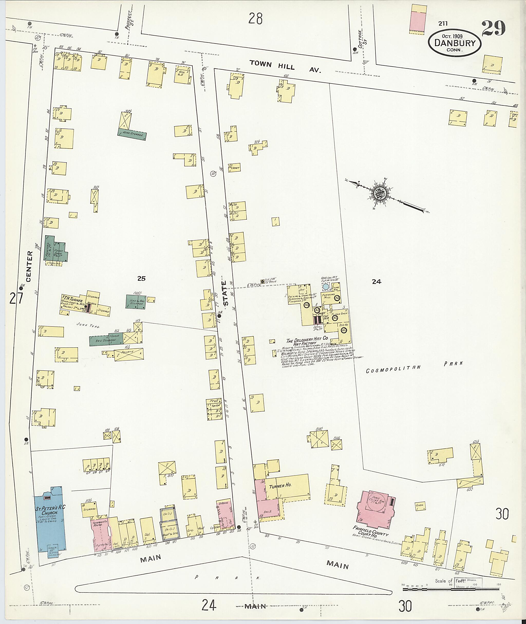 This old map of Danbury, Fairfield County, Connecticut was created by Sanborn Map Company in 1909