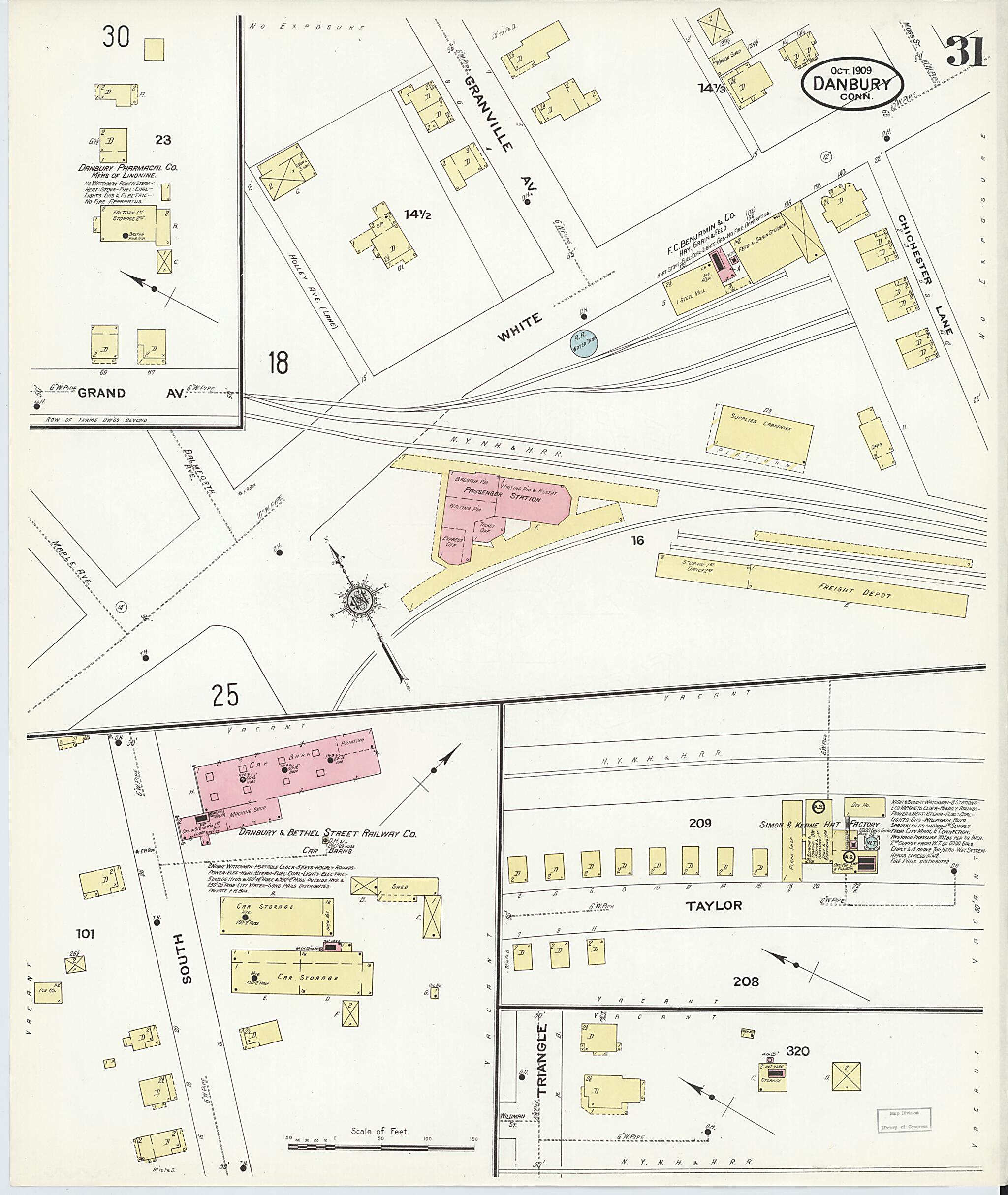 This old map of Danbury, Fairfield County, Connecticut was created by Sanborn Map Company in 1909
