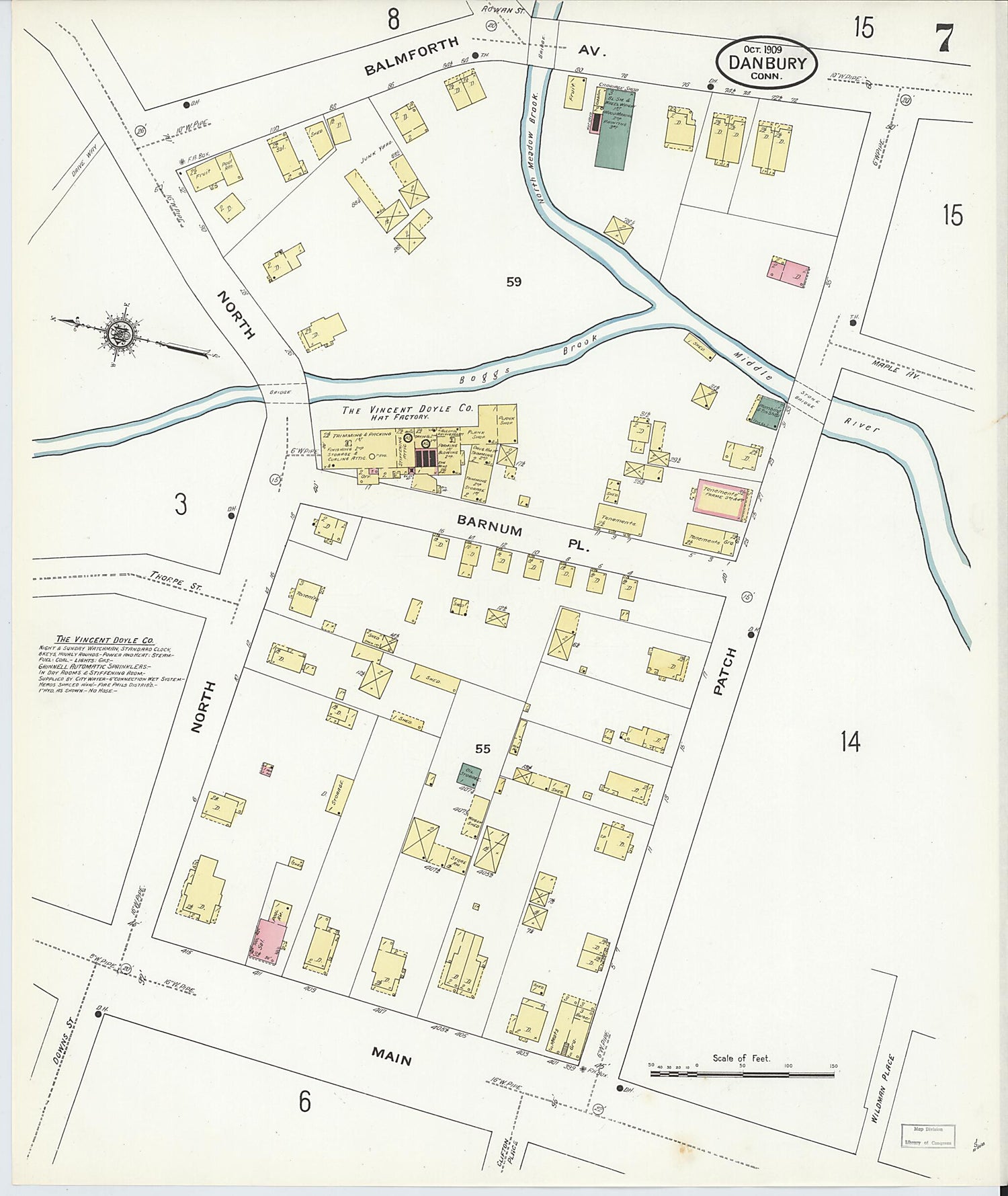 This old map of Danbury, Fairfield County, Connecticut was created by Sanborn Map Company in 1909