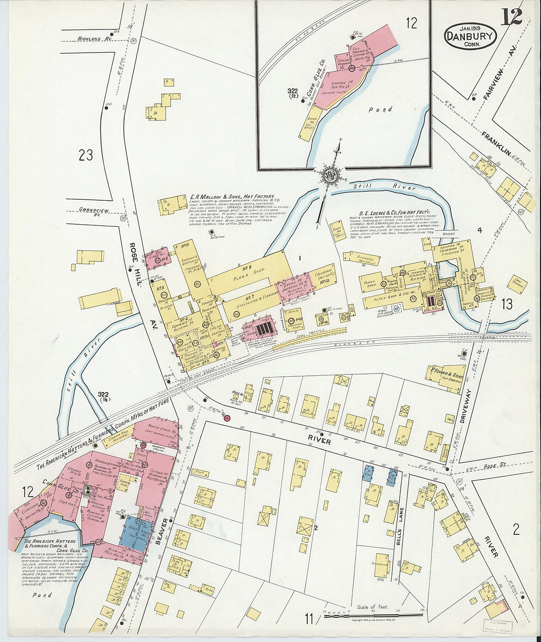 This old map of Danbury, Fairfield County, Connecticut was created by Sanborn Map Company in 1919