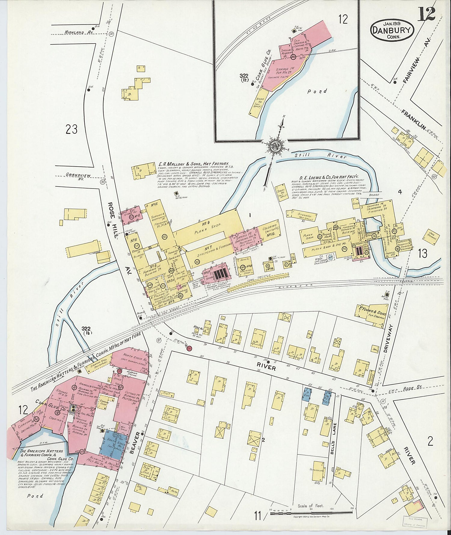 This old map of Danbury, Fairfield County, Connecticut was created by Sanborn Map Company in 1919