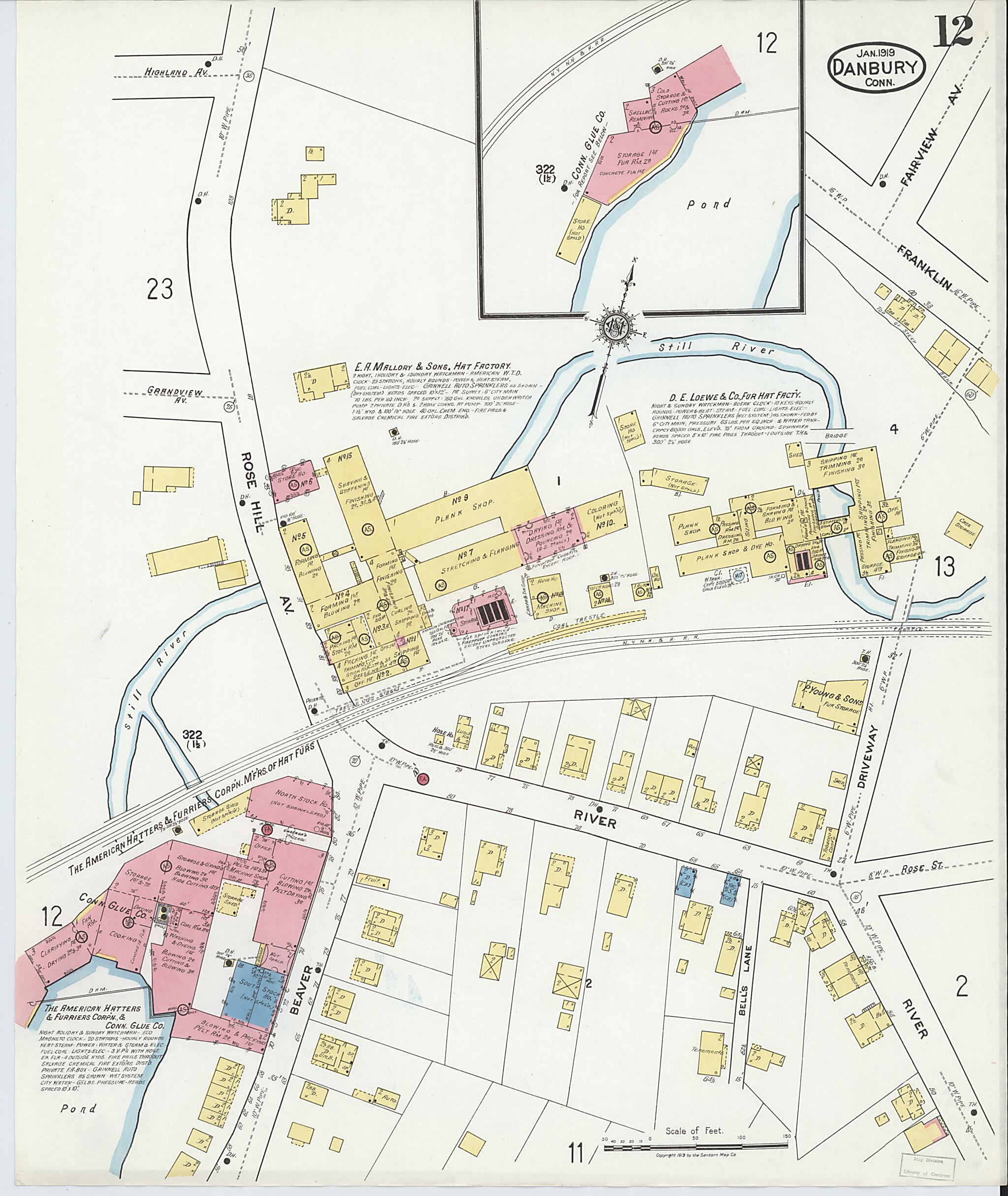 This old map of Danbury, Fairfield County, Connecticut was created by Sanborn Map Company in 1919