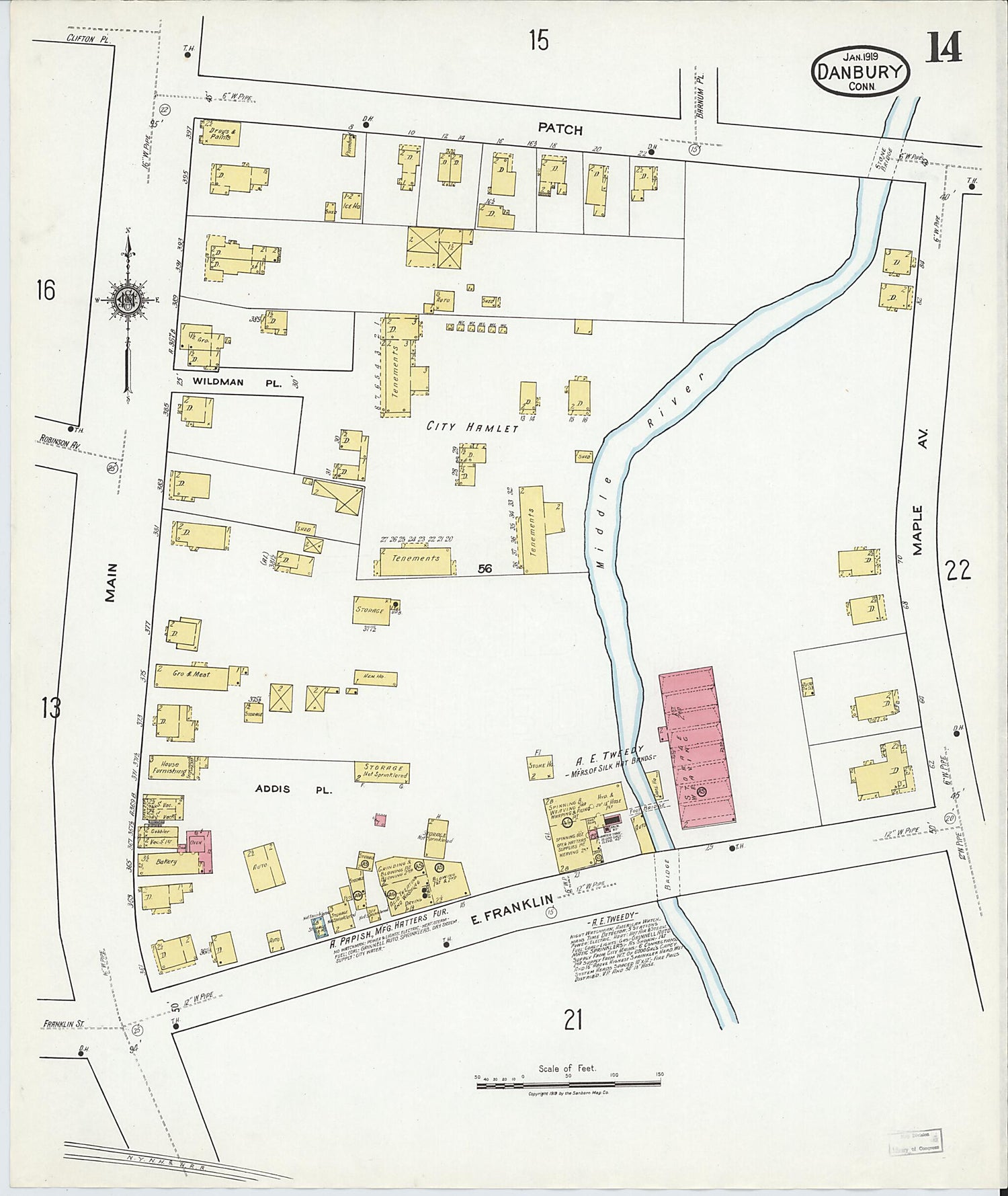 This old map of Danbury, Fairfield County, Connecticut was created by Sanborn Map Company in 1919