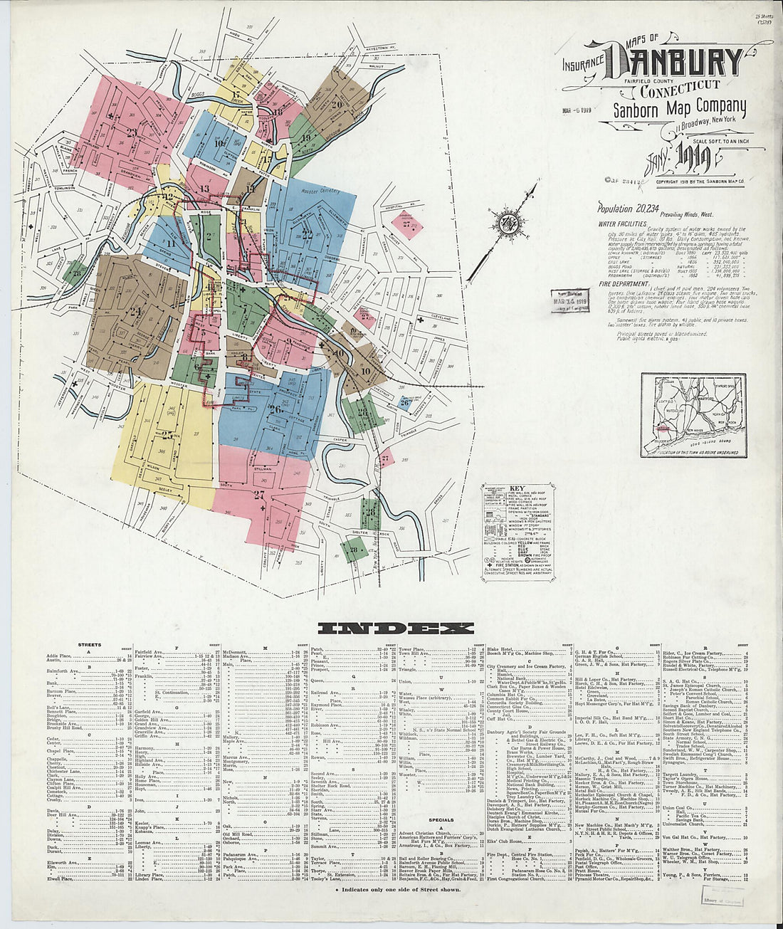This old map of Danbury, Fairfield County, Connecticut was created by Sanborn Map Company in 1919