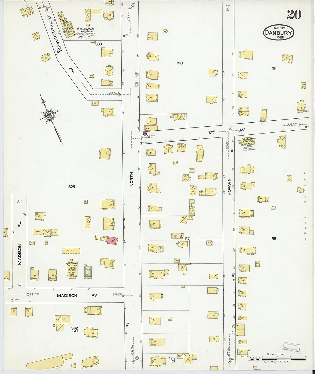 This old map of Danbury, Fairfield County, Connecticut was created by Sanborn Map Company in 1919