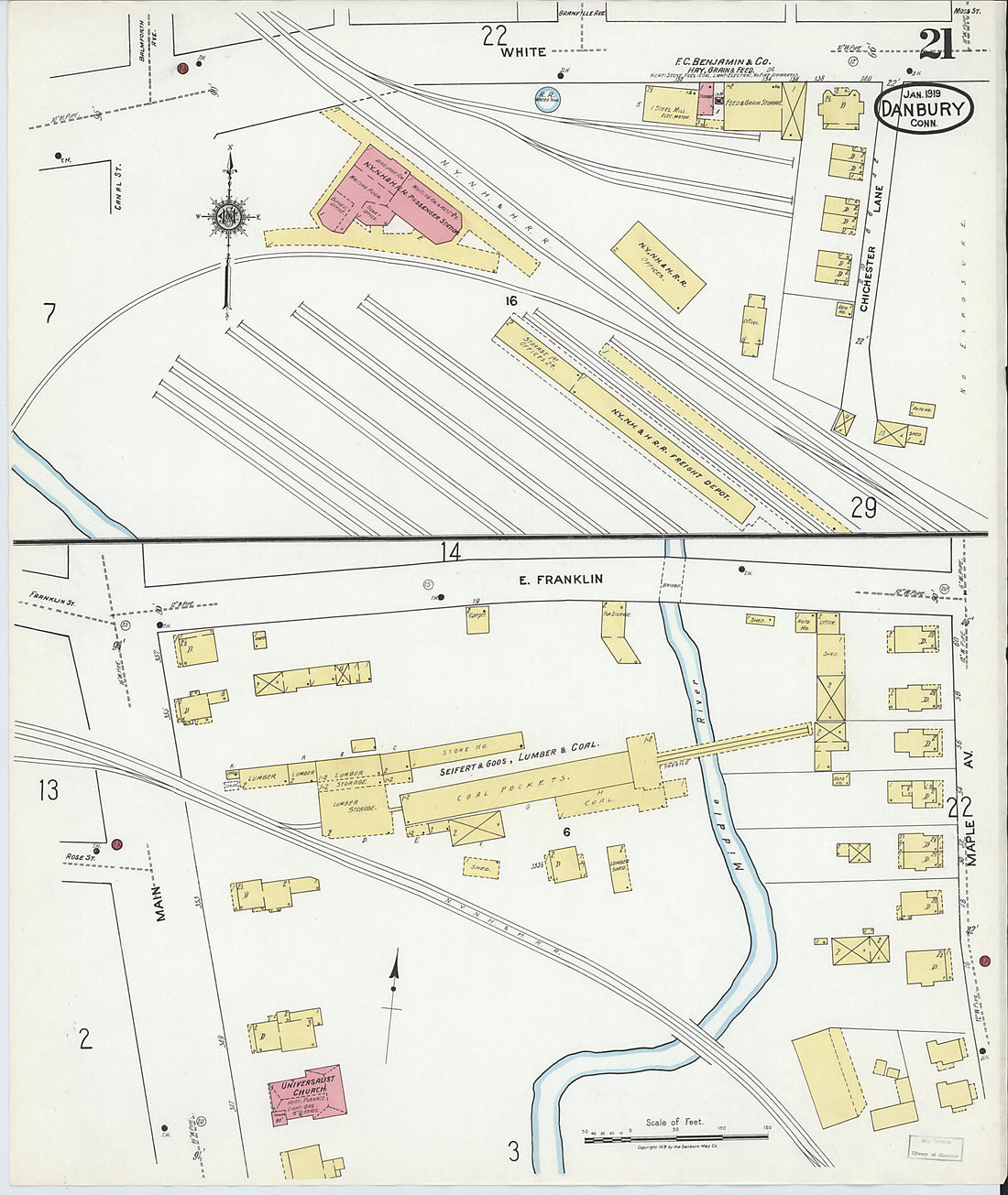 This old map of Danbury, Fairfield County, Connecticut was created by Sanborn Map Company in 1919