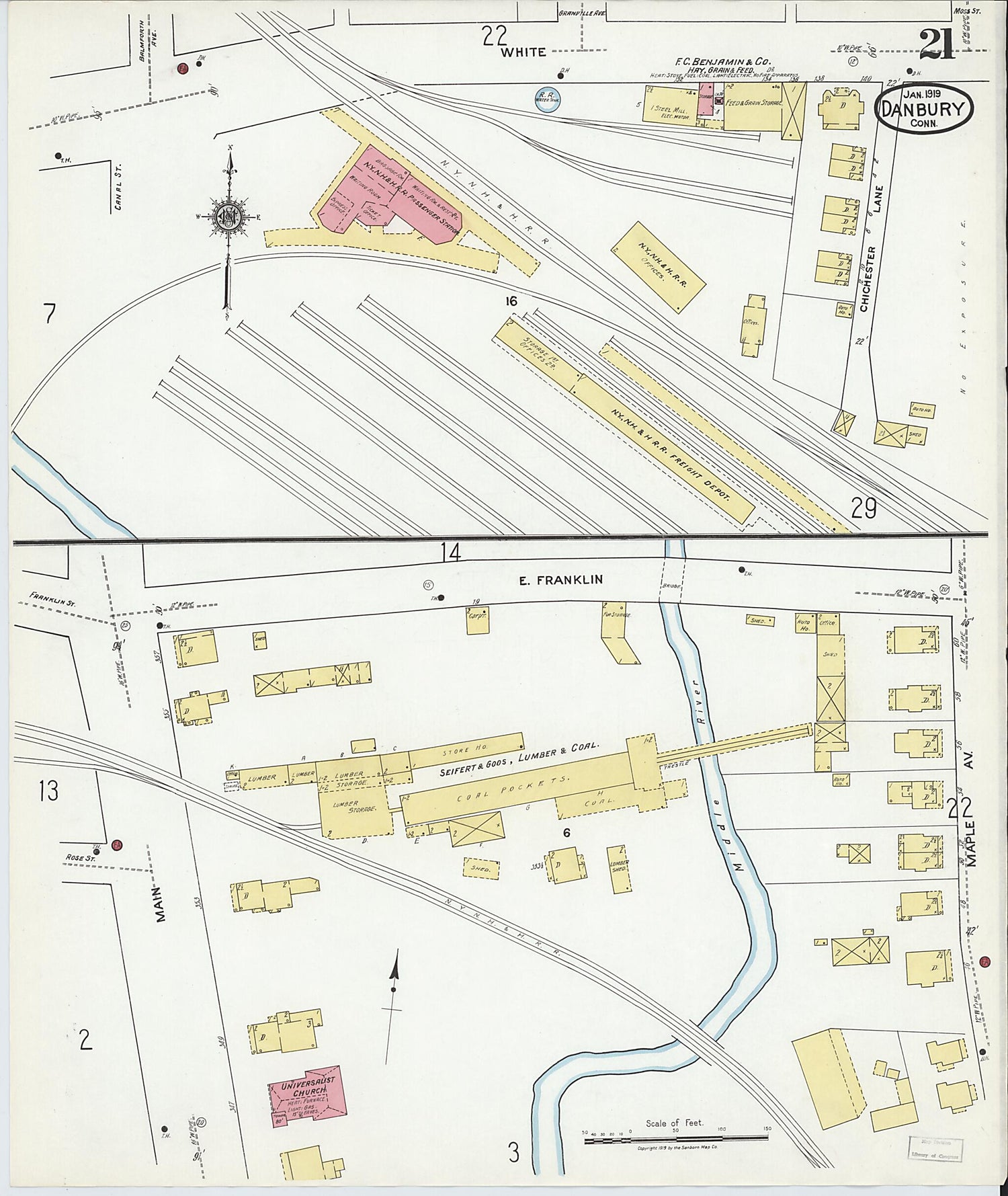 This old map of Danbury, Fairfield County, Connecticut was created by Sanborn Map Company in 1919