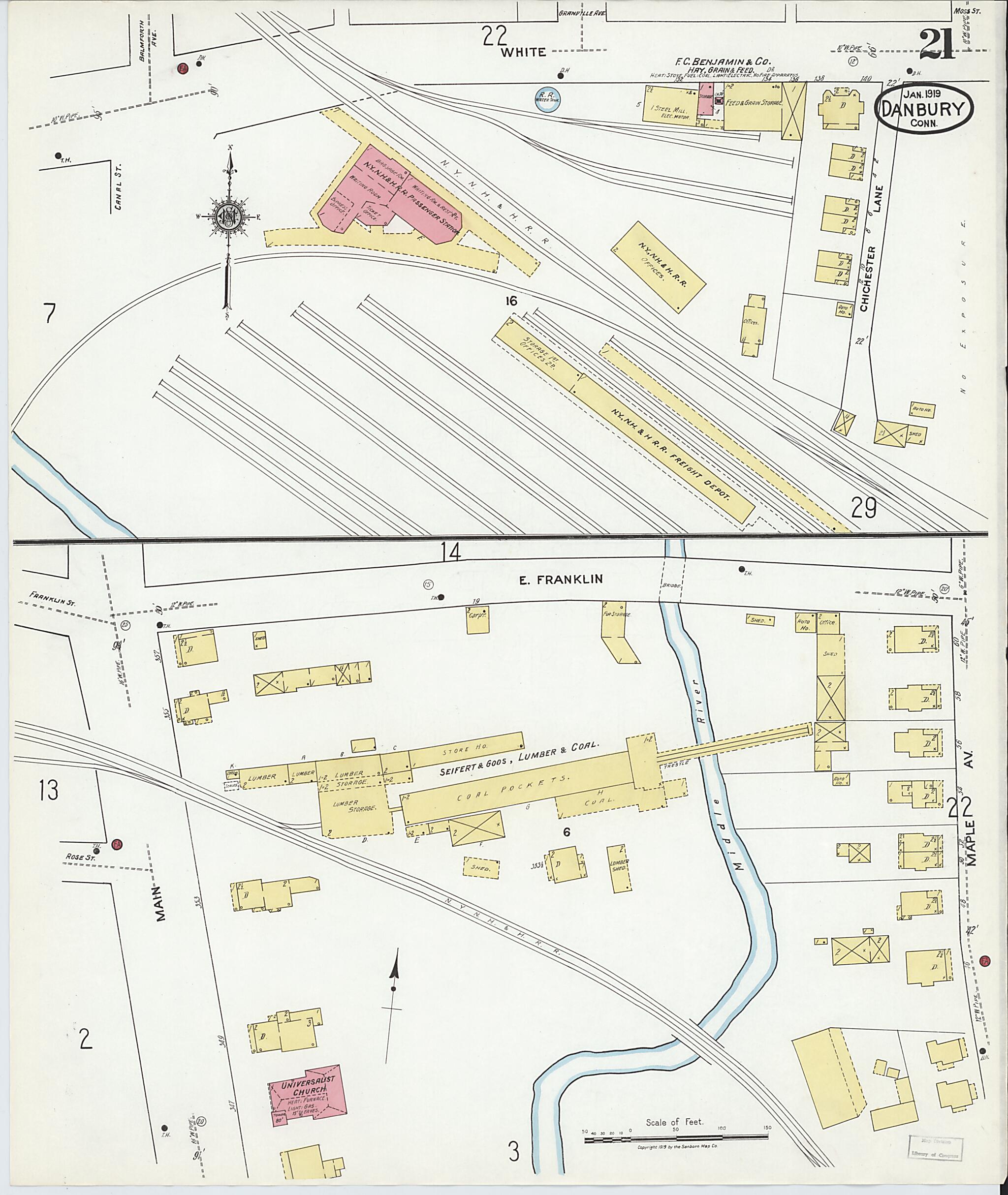 This old map of Danbury, Fairfield County, Connecticut was created by Sanborn Map Company in 1919
