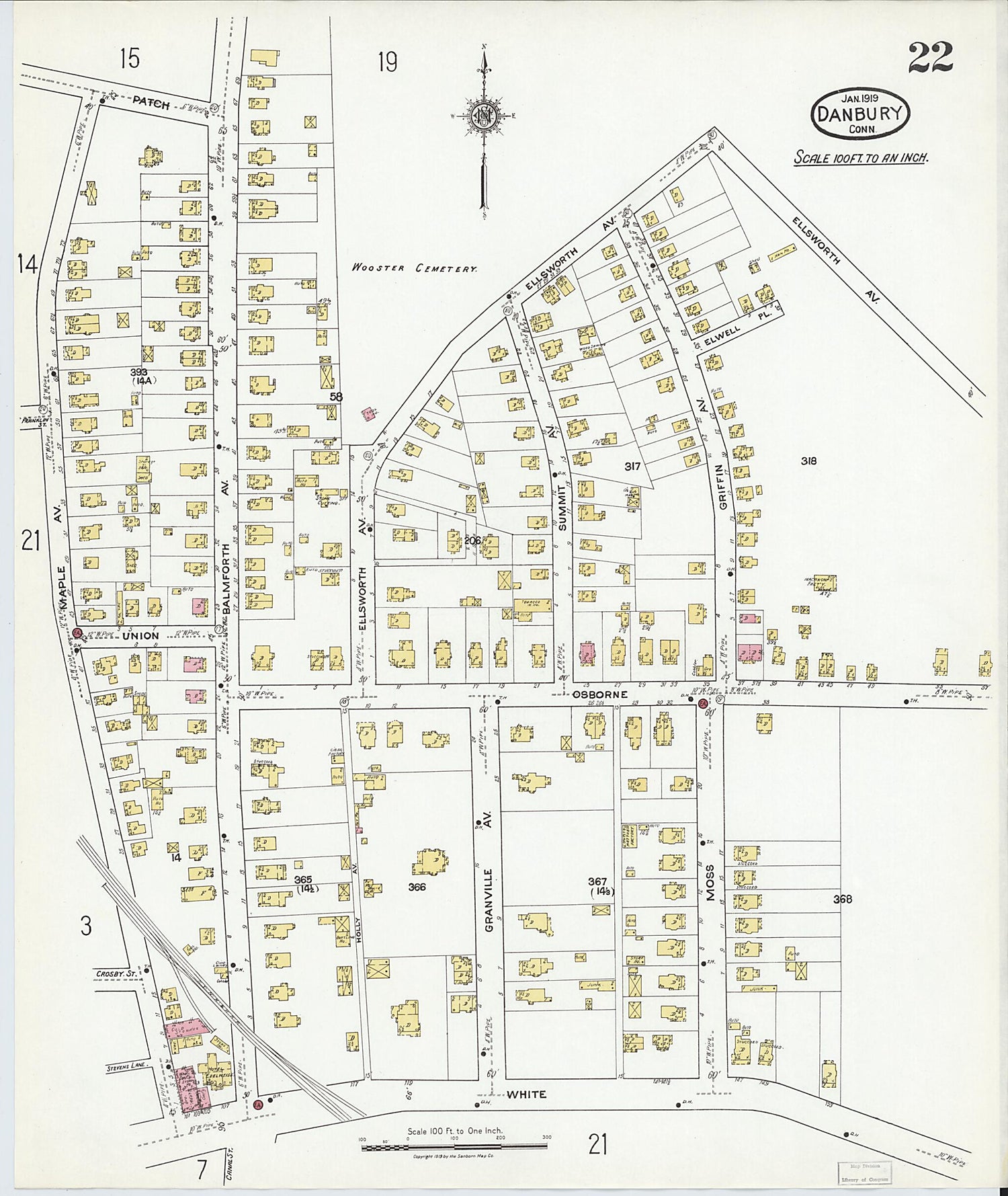 This old map of Danbury, Fairfield County, Connecticut was created by Sanborn Map Company in 1919