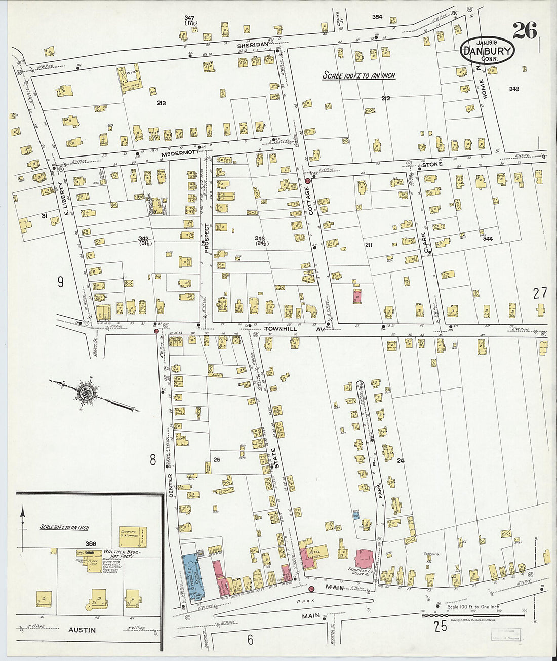 This old map of Danbury, Fairfield County, Connecticut was created by Sanborn Map Company in 1919