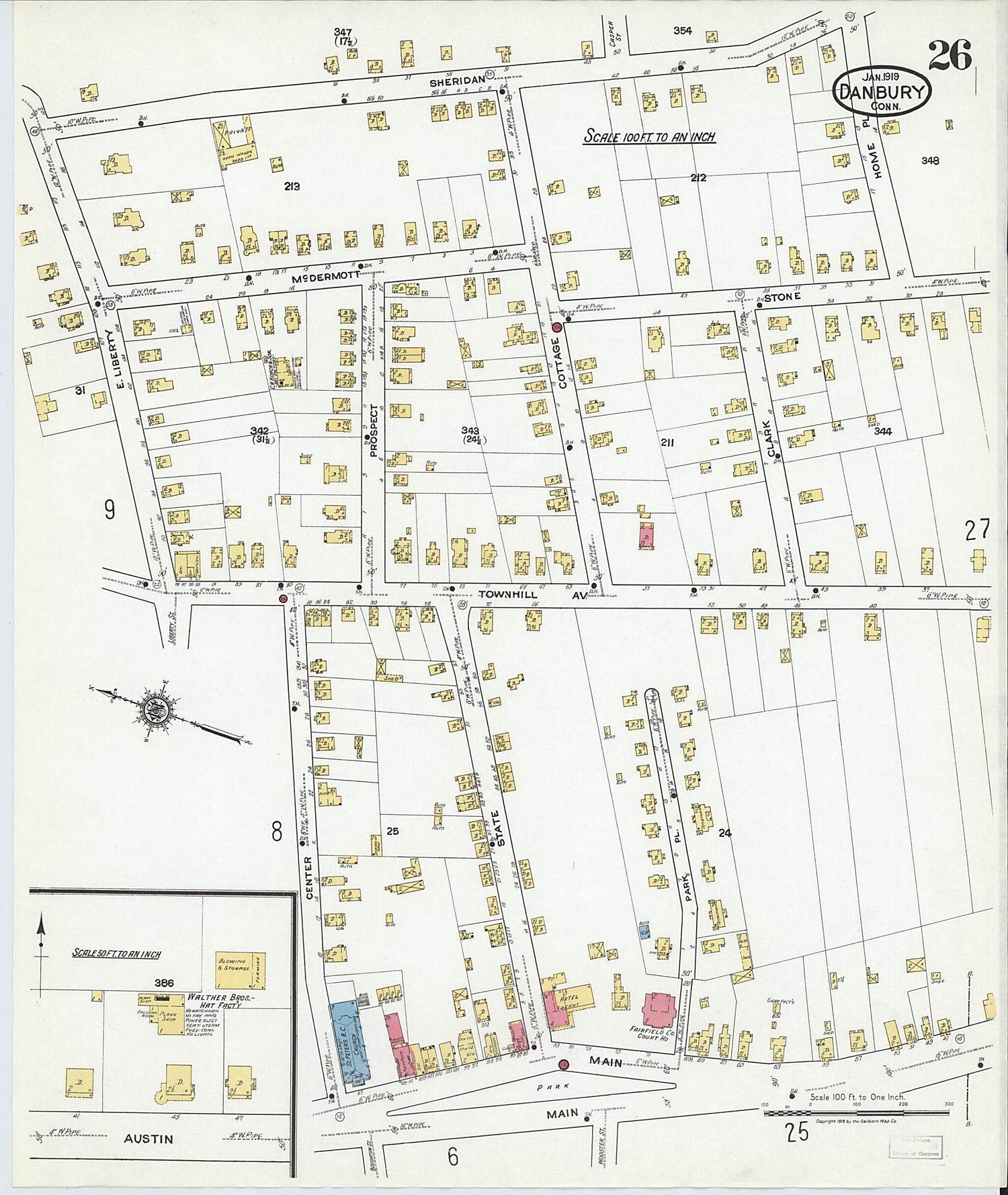 This old map of Danbury, Fairfield County, Connecticut was created by Sanborn Map Company in 1919