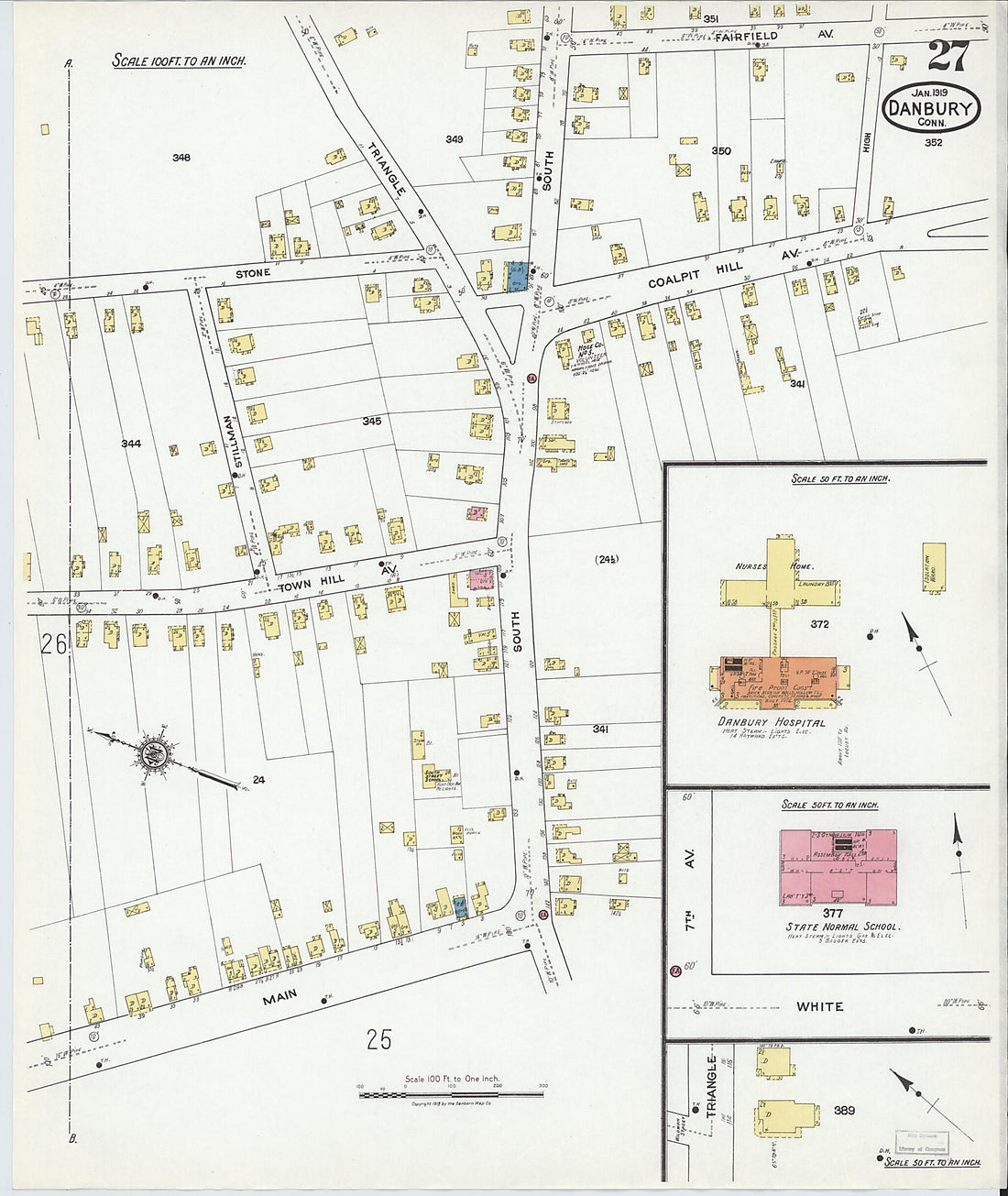 This old map of Danbury, Fairfield County, Connecticut was created by Sanborn Map Company in 1919