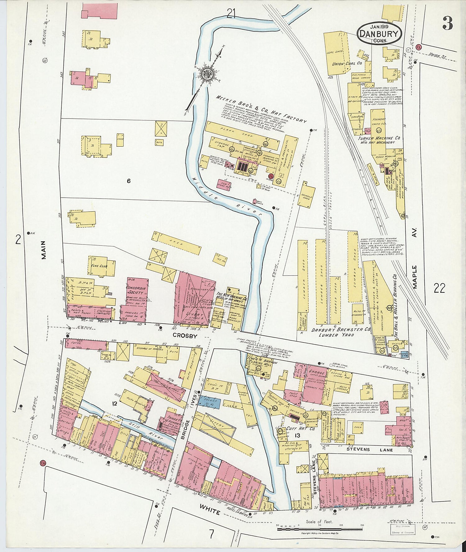 This old map of Danbury, Fairfield County, Connecticut was created by Sanborn Map Company in 1919