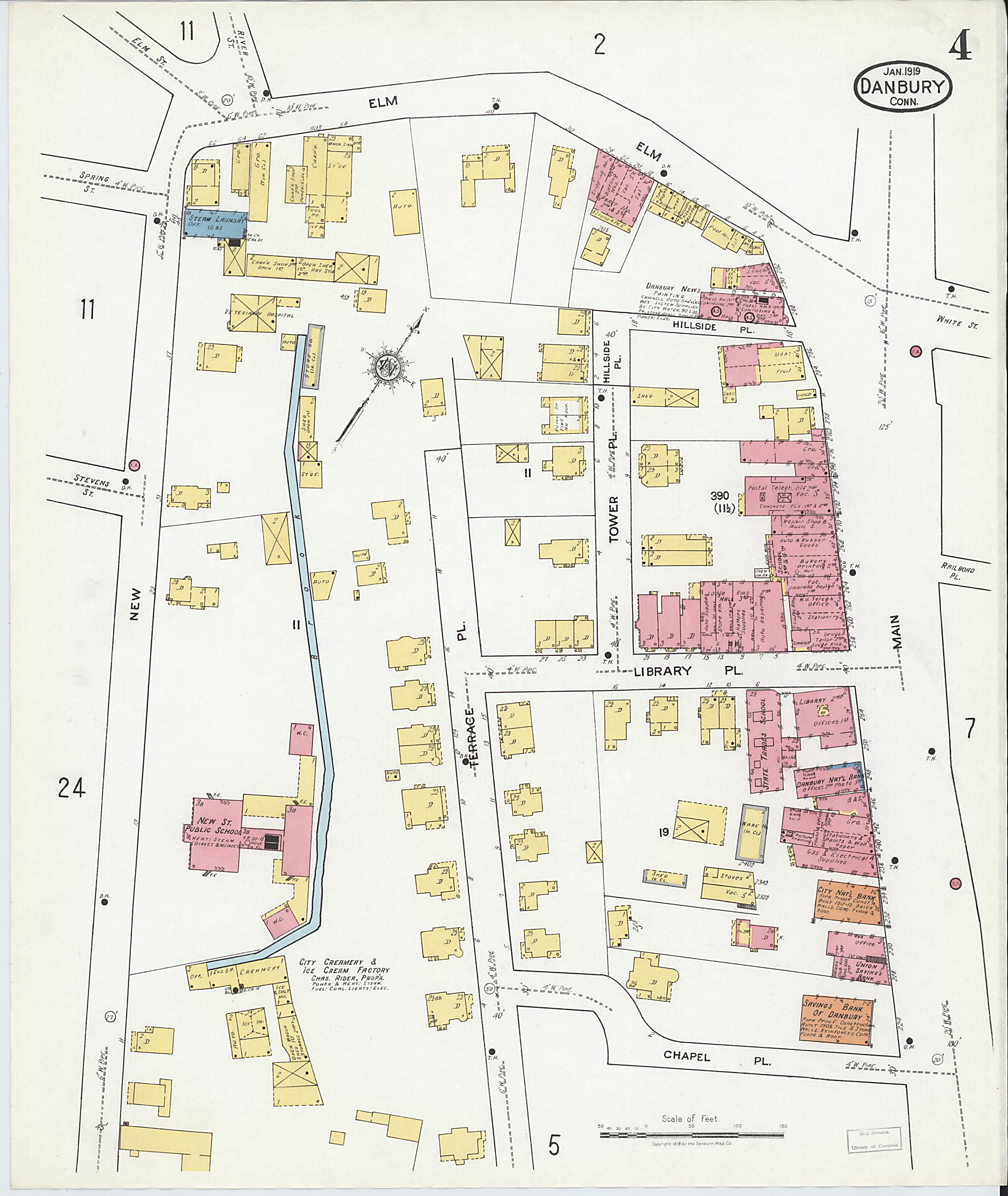This old map of Danbury, Fairfield County, Connecticut was created by Sanborn Map Company in 1919