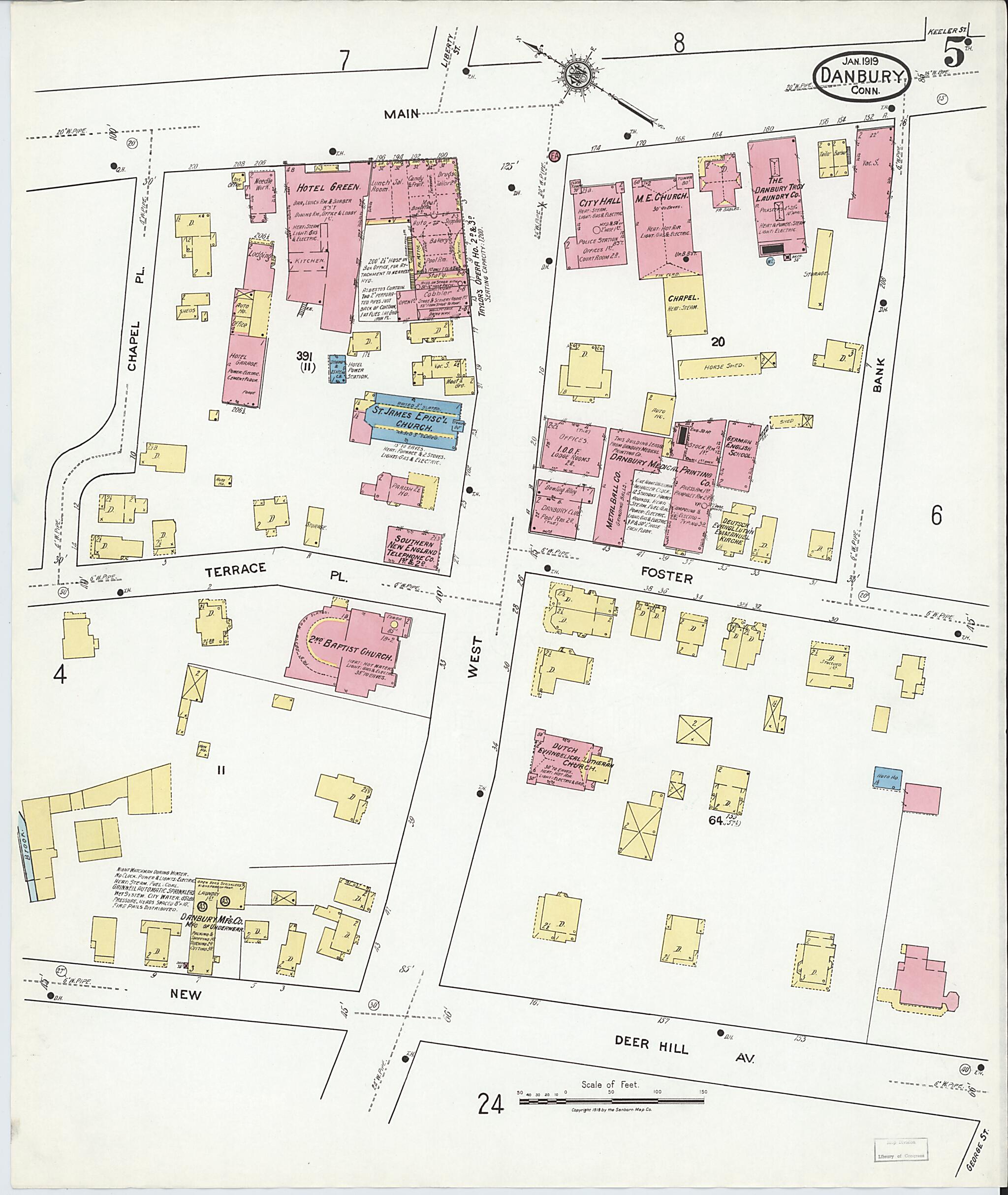 This old map of Danbury, Fairfield County, Connecticut was created by Sanborn Map Company in 1919