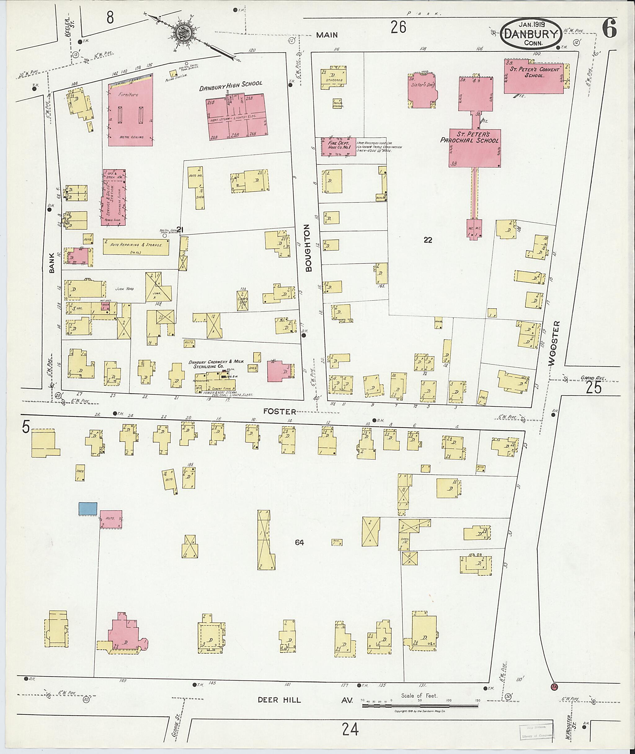 This old map of Danbury, Fairfield County, Connecticut was created by Sanborn Map Company in 1919