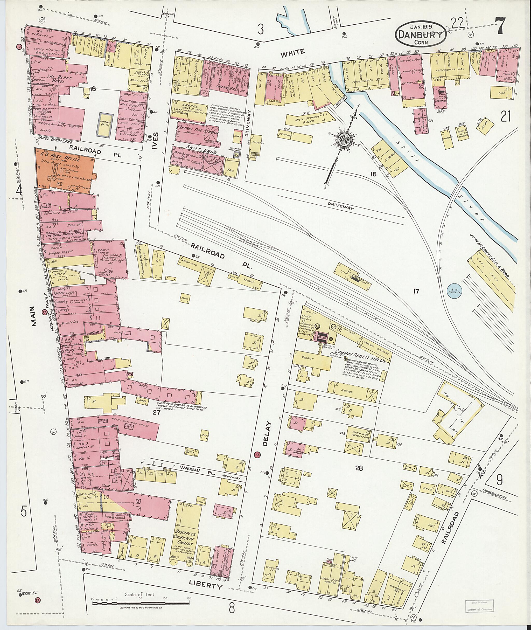 This old map of Danbury, Fairfield County, Connecticut was created by Sanborn Map Company in 1919