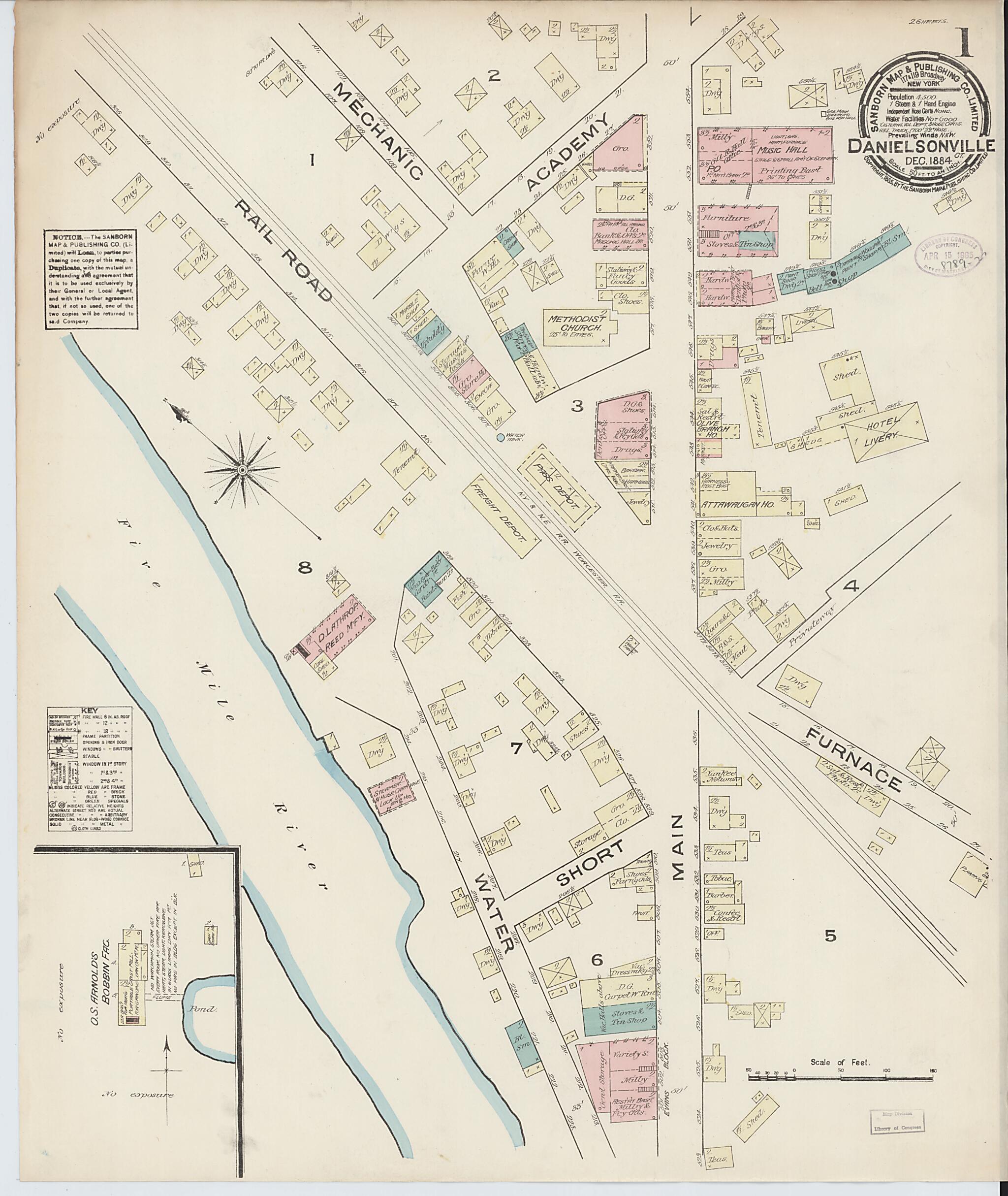 This old map of Danielsonville, Windham County, Connecticut was created by Sanborn Map Company in 1884
